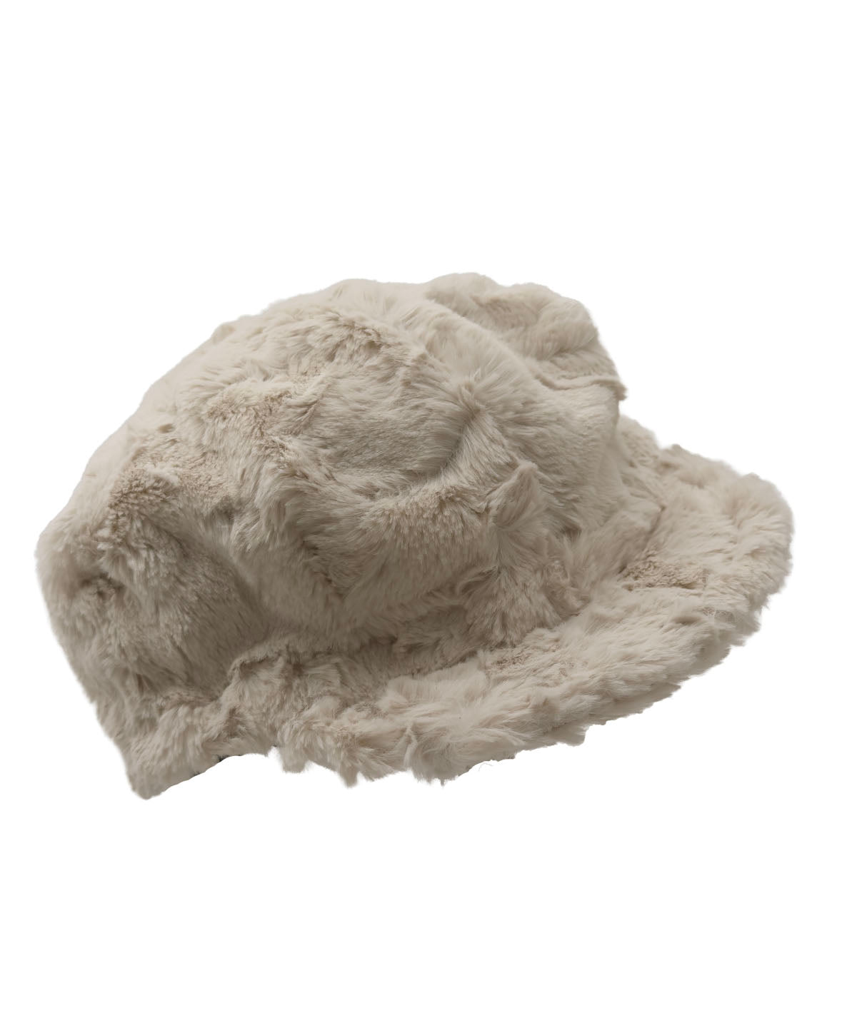 Side view of a Valerie Cap Style hat Shown in Cuddly Sandy Faux Fur. Handsewn in Seattle, WA, USA by Pandemonium Seattle