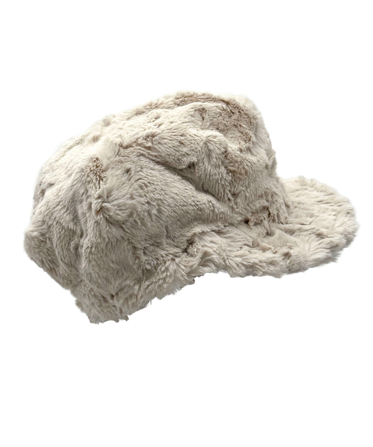 Side view of a Valerie Cap Style hat Shown in Cuddly Sandy Faux Fur. Handsewn in Seattle, WA, USA by Pandemonium Seattle