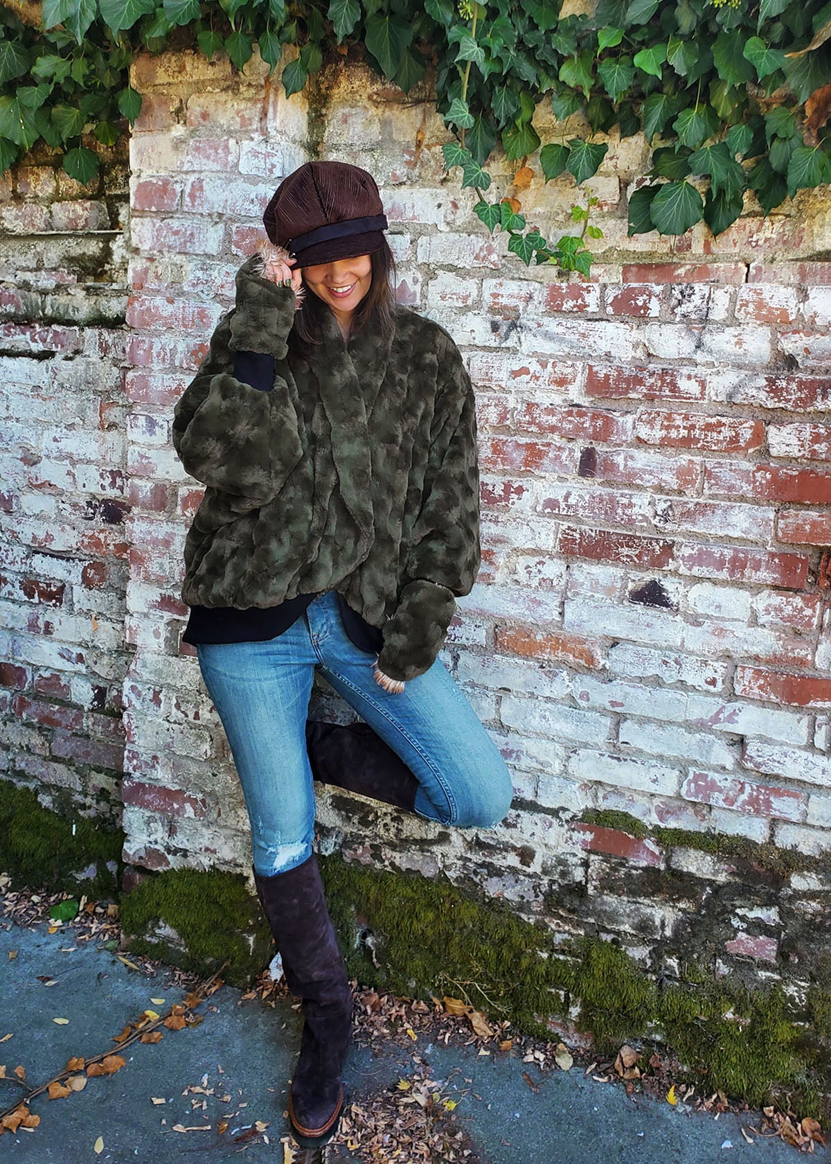 Bacall Jacket Cuddly Faux Fur in Army Green Handmade by Pandemonium Seattle