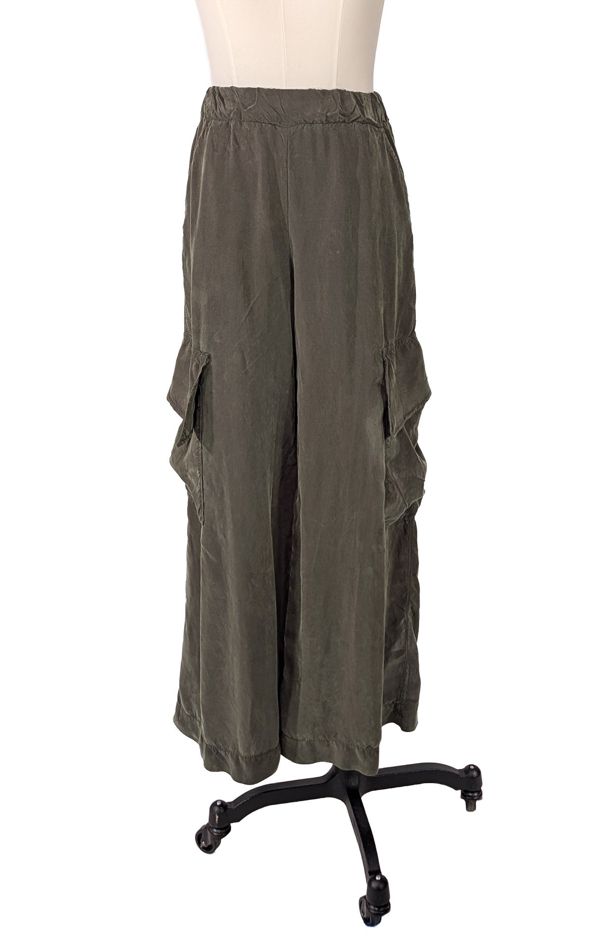 Olive Green wide-leg cargo pants displayed on a dress form mannequin against a white background. Made in Seattle, WA, USA by Pandemonium Seattle.