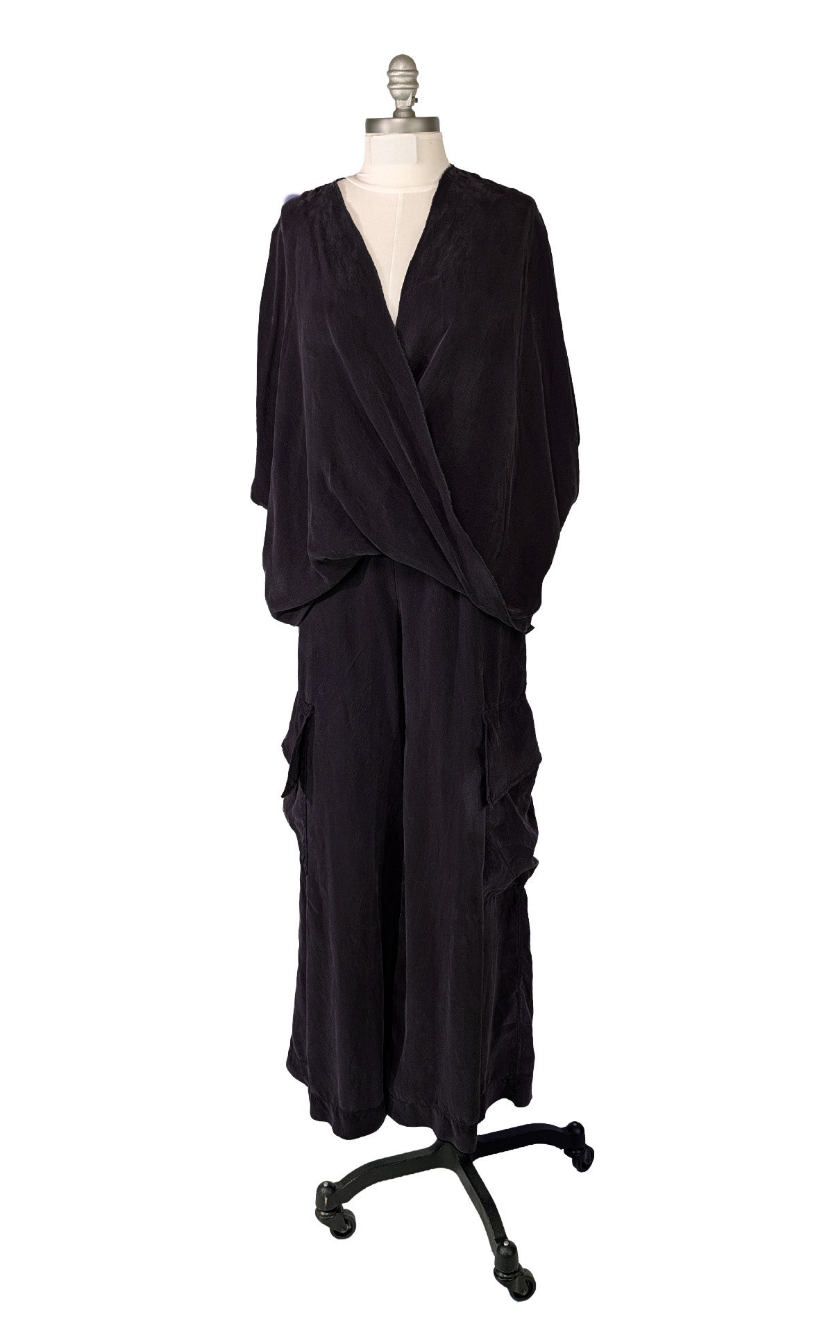 Crossover Top in Obsidian Cupro an alternative for silk, shown on a dress form tucked with Matching Pants. Made in Seattle, WA, USA by Pandemonium Seattle.
