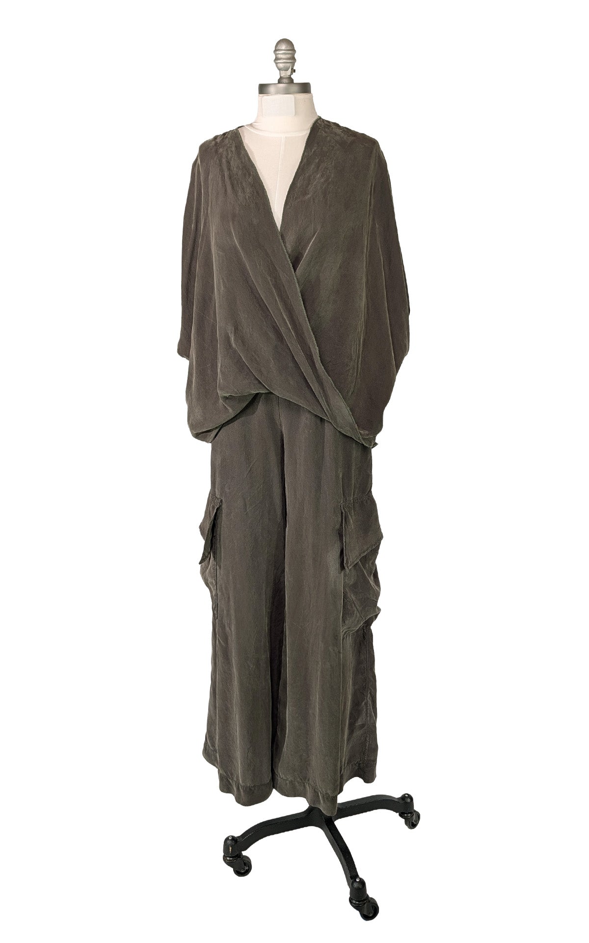 Dusk Olive Cupro silk alternative Cross Over Top with Matching Cargo Pants Shown on a Mannequin. Made in Seattle, WA, USA by Pandemonium Seattle.