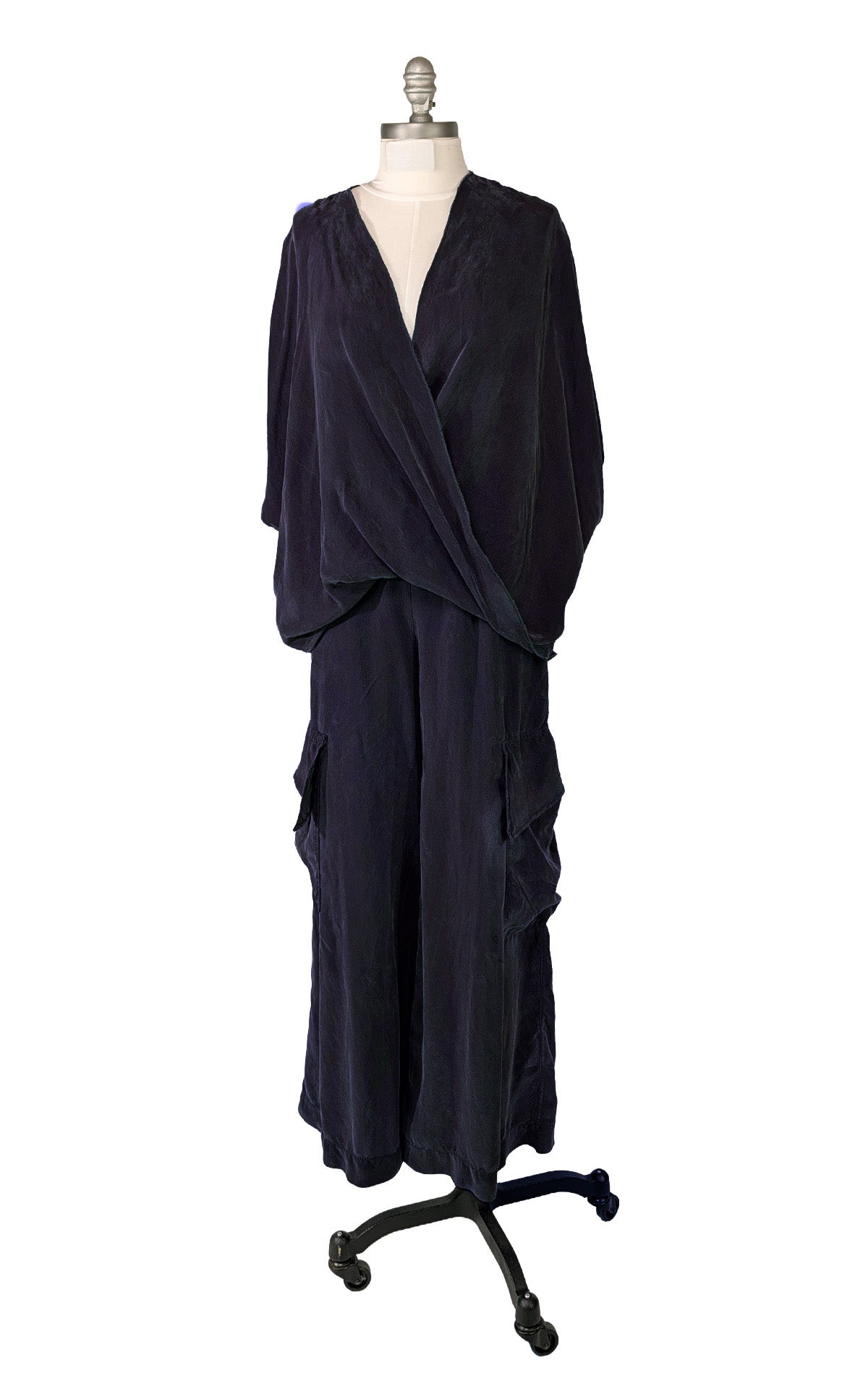 Crossover Top in Inkwell Cupro Silk alternative, featured on a Mannequin with Matching Pants. Shown on a White Background. Made in Seattle, WA, USA by Pandemonium Seattle.