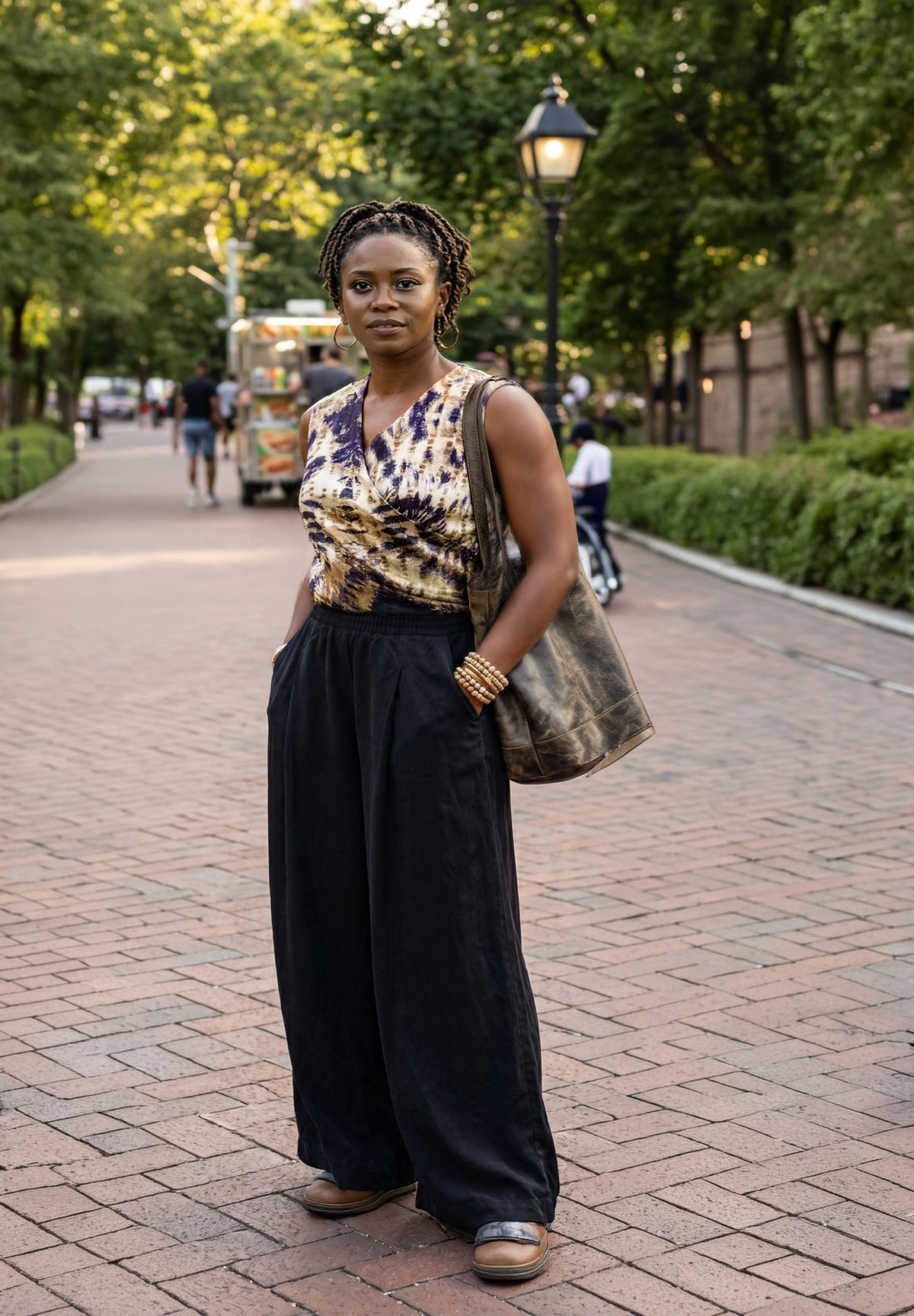 A woman wearing the Inkwell navy Wide Leg Pleated Pants with the Oasis Wrap Top while walking in a park. Made in Seattle, WA, USA by Pandemonium Seattle.