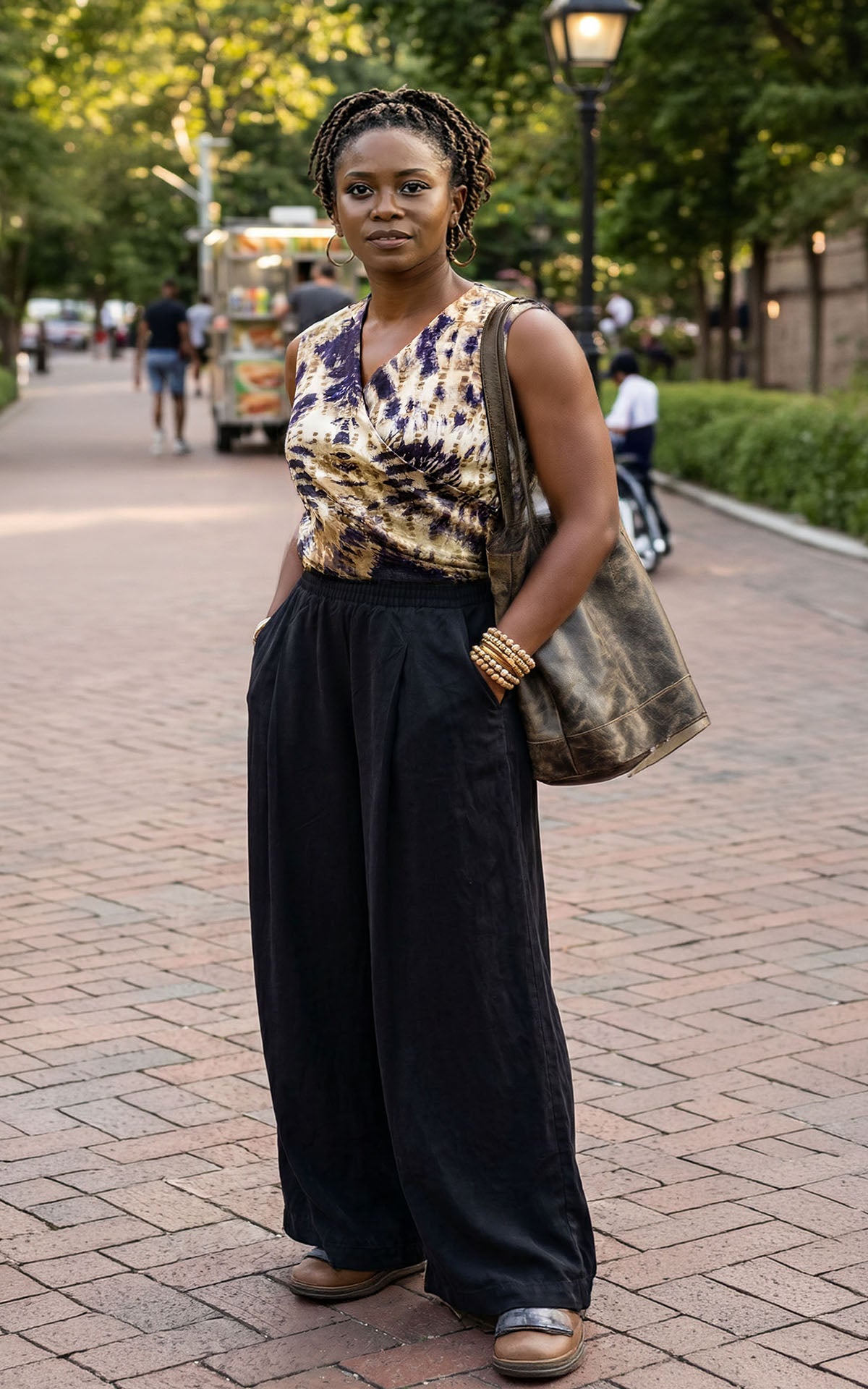 A woman wearing the Inkwell navy Wide Leg Pleated Pants with the Oasis Wrap Top while walking in a park. Made in Seattle, WA, USA by Pandemonium Seattle.