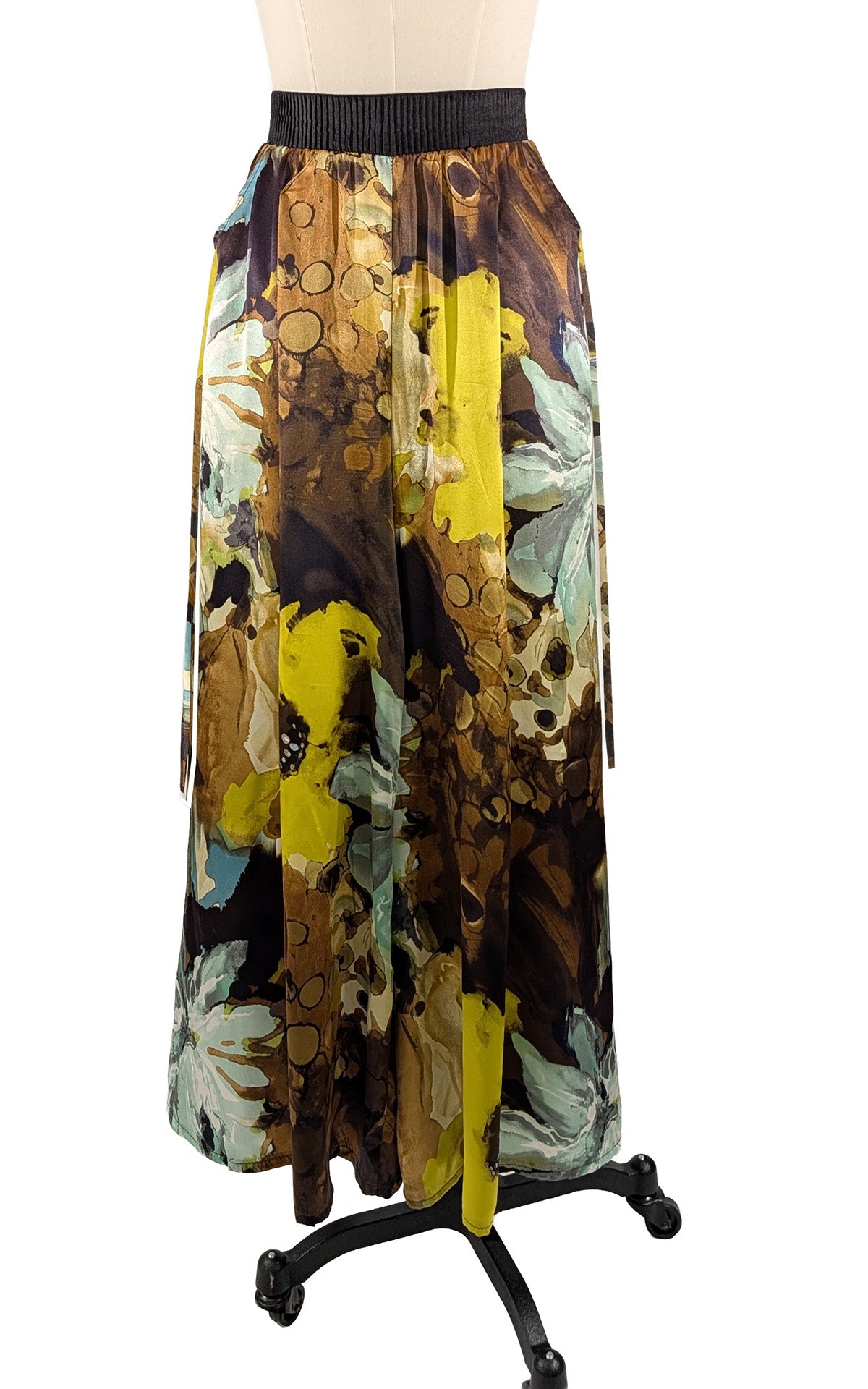 Wide Leg Pleated Pants in Fiesta Silk Masquerade. Made in Seatle, WA, USA by Pandemonium Seattle.