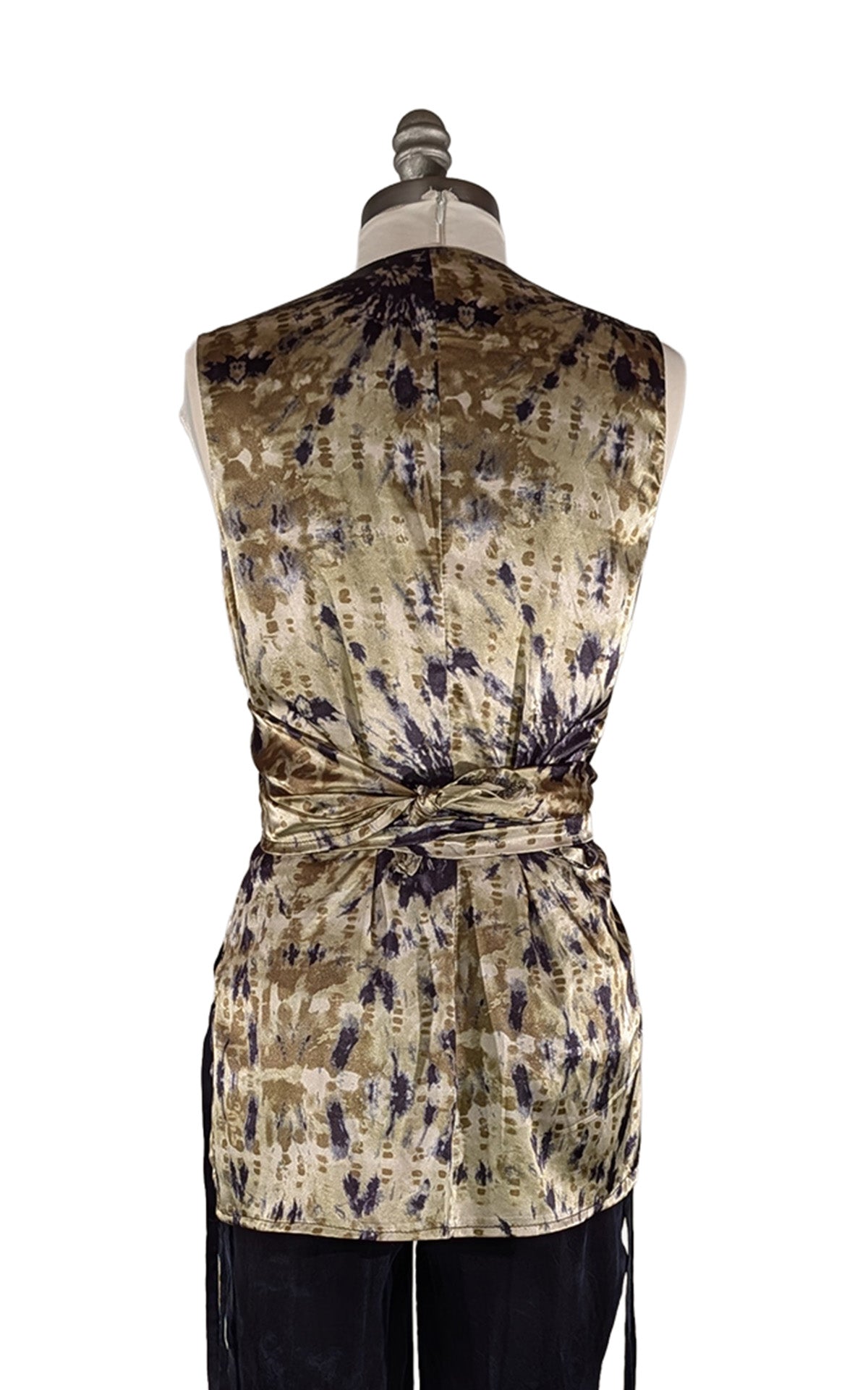 Back view of the sleeveless Wrap Top in Egyptian Oasis fabric, shown with the ties wrapped at the waist for a form fitting look. Made in Seattle, WA, USA by Pandemonium Seattle.