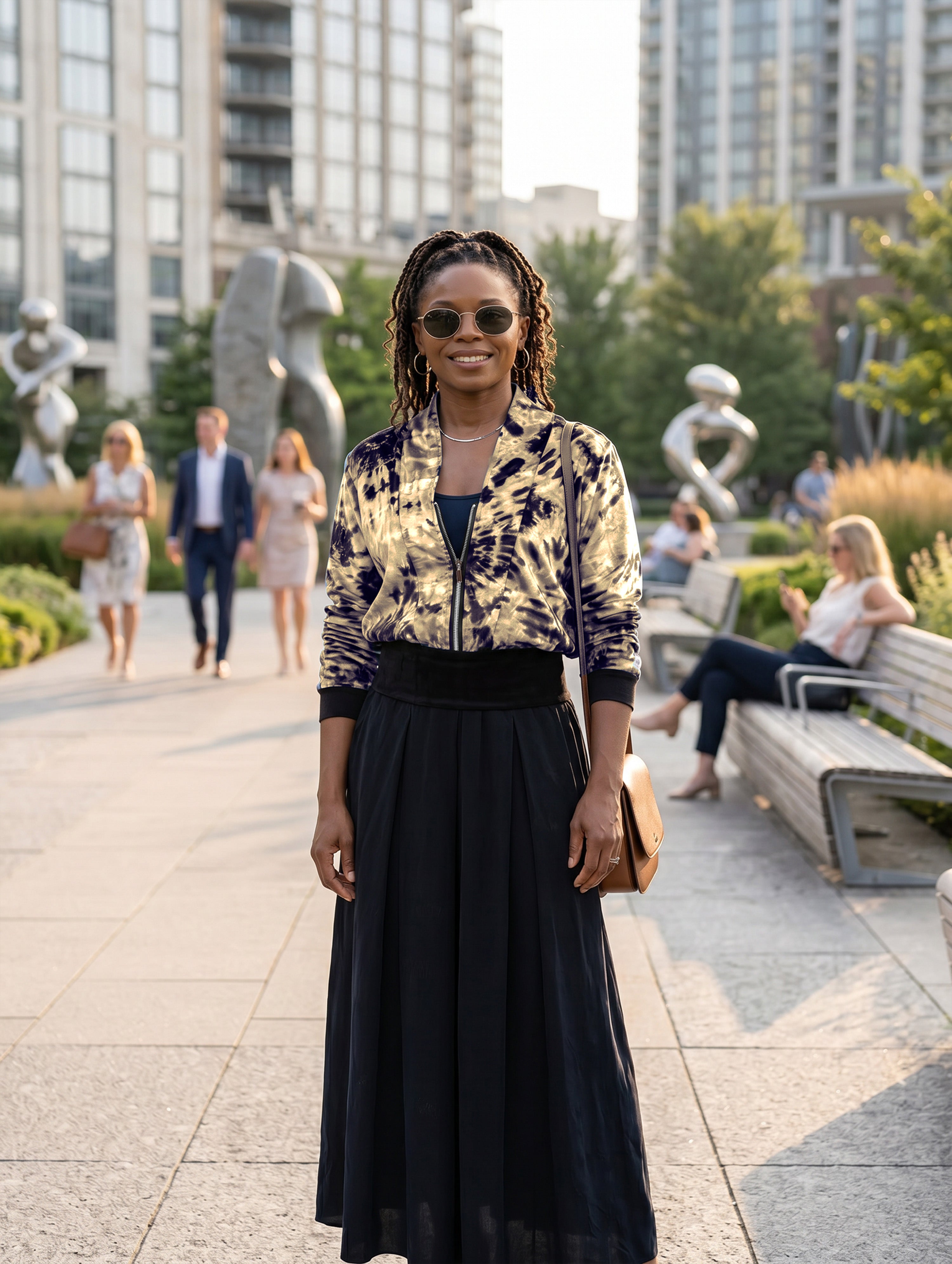 Woman wearing the Zipper Jacket Top in Egyptian Oasis over an Inkwell navy Pleated Skirt. Made in Seattle, WA, USA by Pandemonium Seattle.