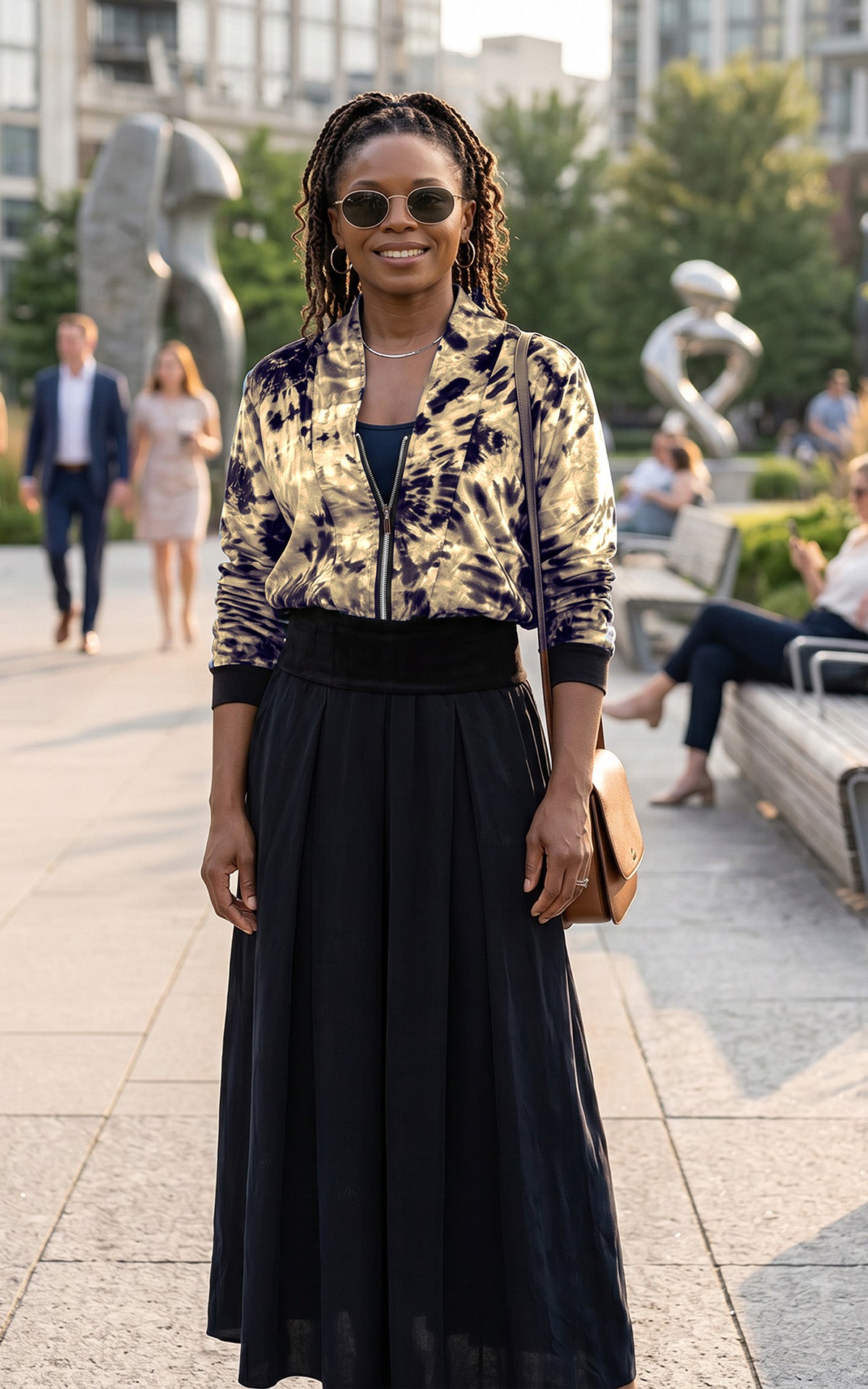 A woman wearing the Pleated Skirt in Inkwell with a  Zipper Jacket Top in Egyptian Oasis. Made in Seattle, WA, USA by Pandemonium Seattle.