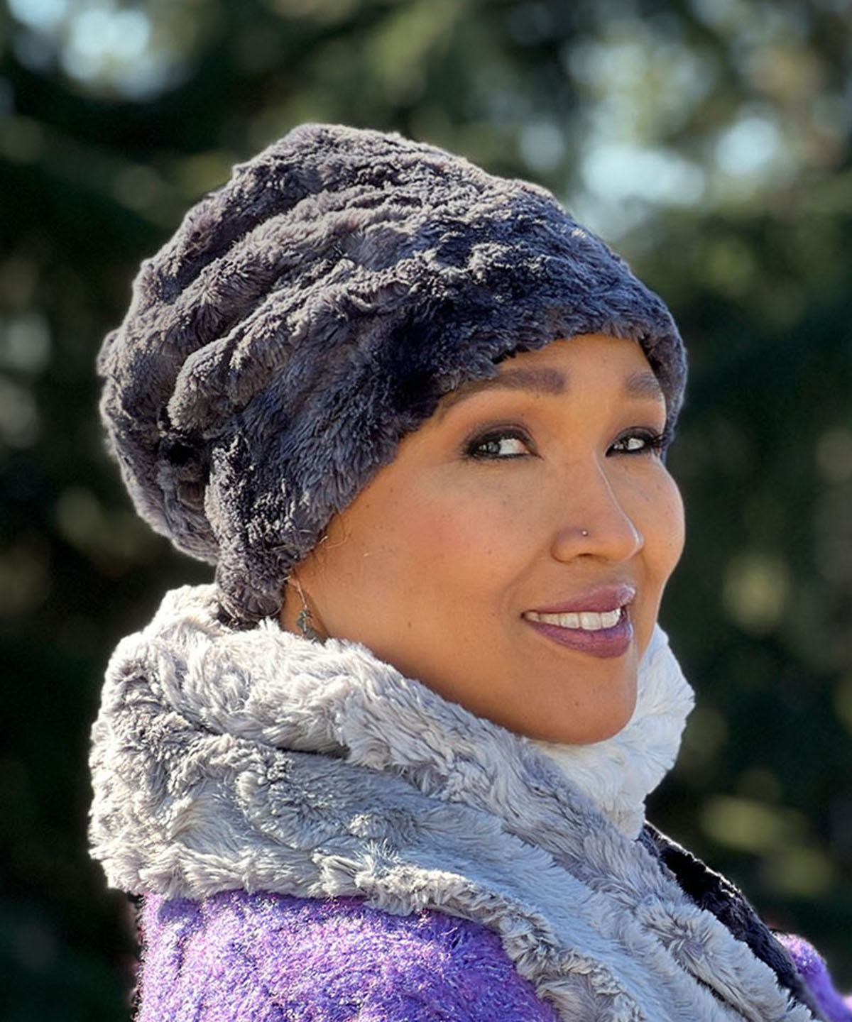 Woman wearing Cuffed Pillbox | Highland in Skye and Cuddly Faux Fur | Handmade USA by Pandemonium Seattle