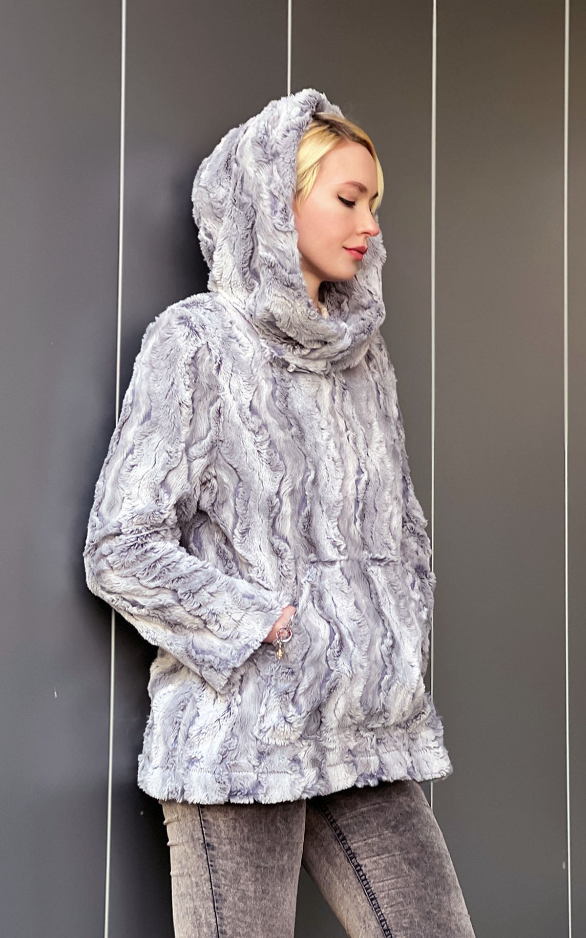 woman wearing Hooded Lounger with hood up | Luxury Faux Fur in Winter River Faux Fur Blue Gray with a hint of Periwinkle | Handmade By Pandemonium Millinery | Seattle WA