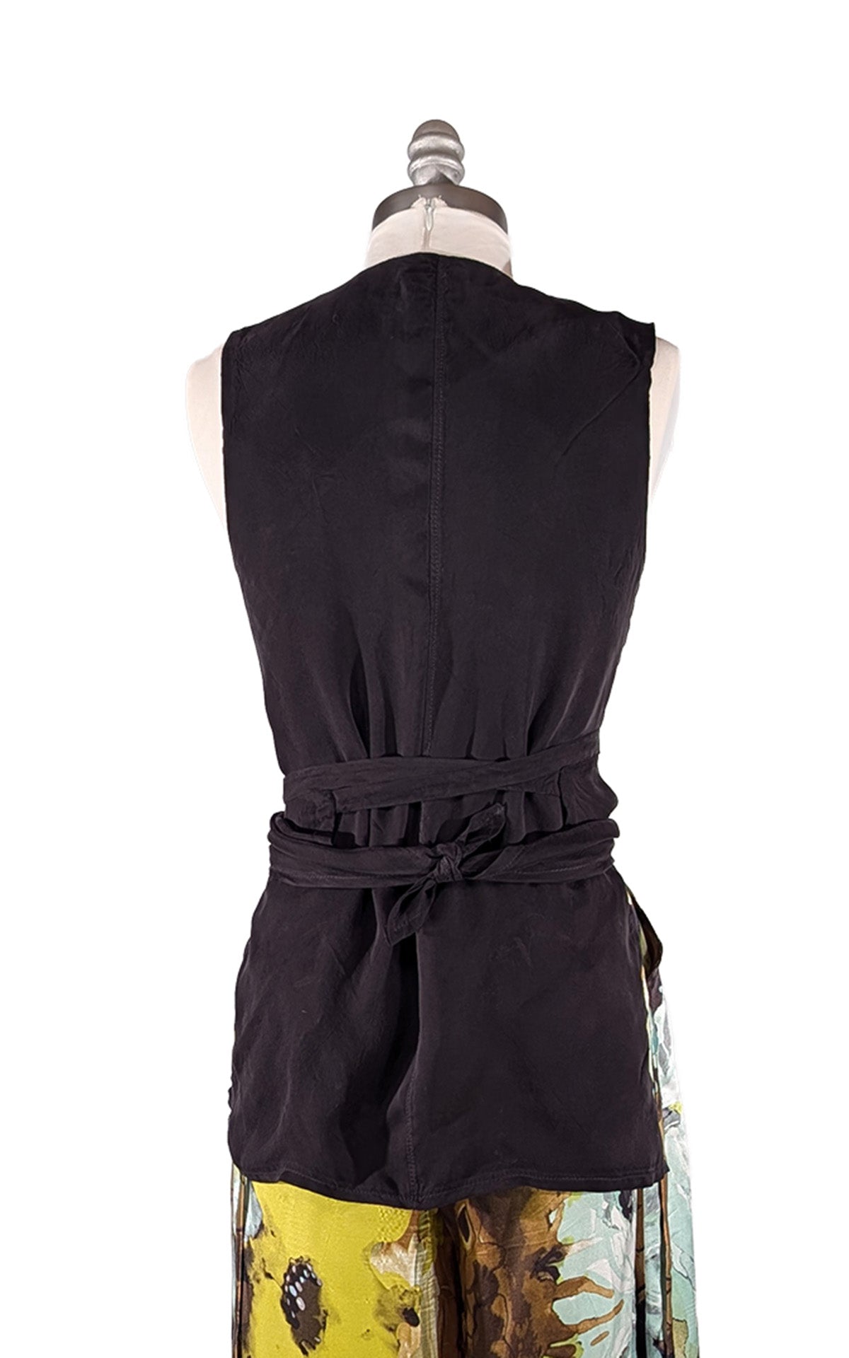 Back view of the Wrap Top in Obsidian black, with it wrapped at the waist for a fitted look. Made in Seatte, WA, USA by Pandemonium Seattle.
