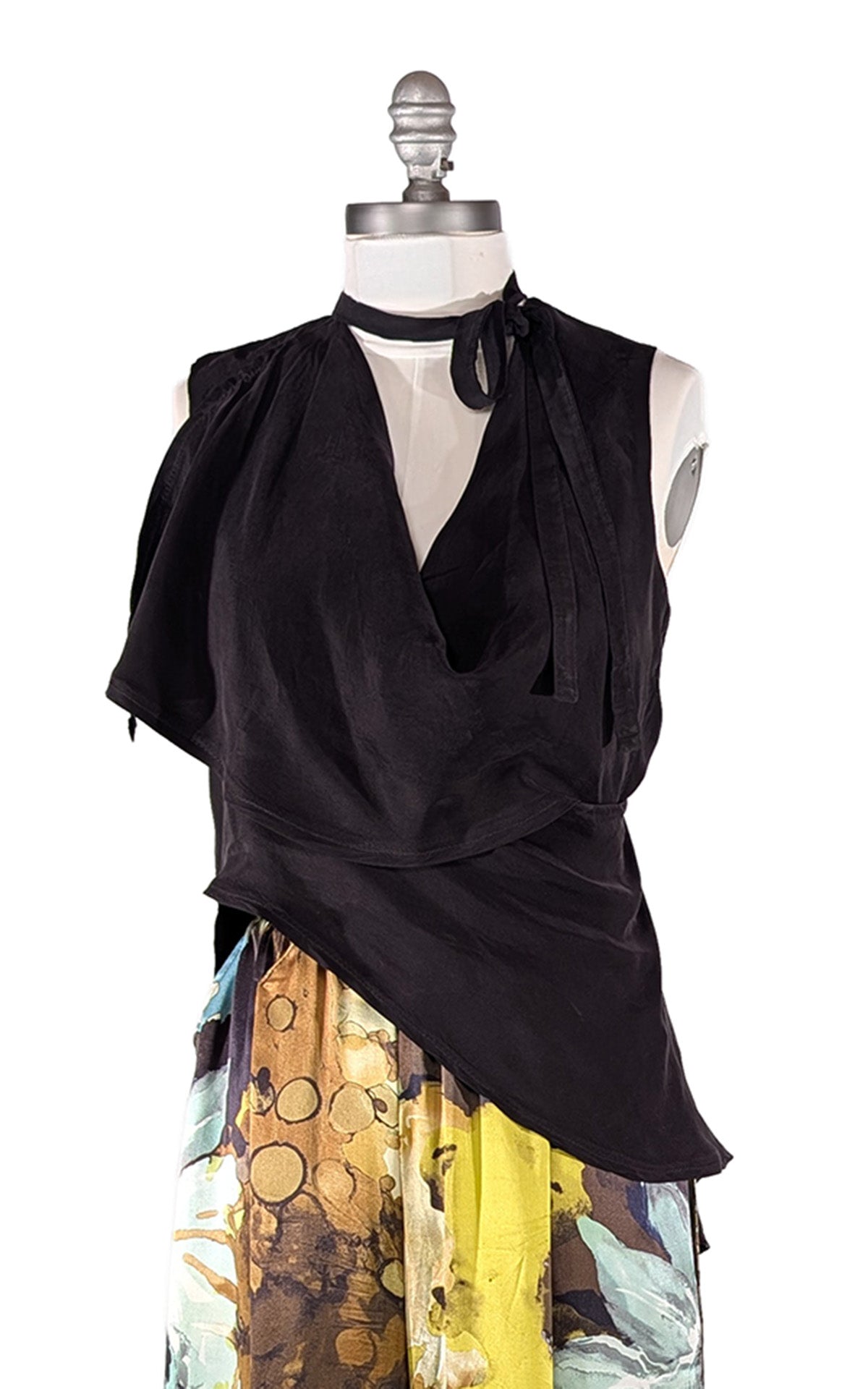 Wrap Top in Obsidian shown dramatically draped and tied at the neck as a choker. Made in Seattle, WA, USA by Pandemonium Seattle.