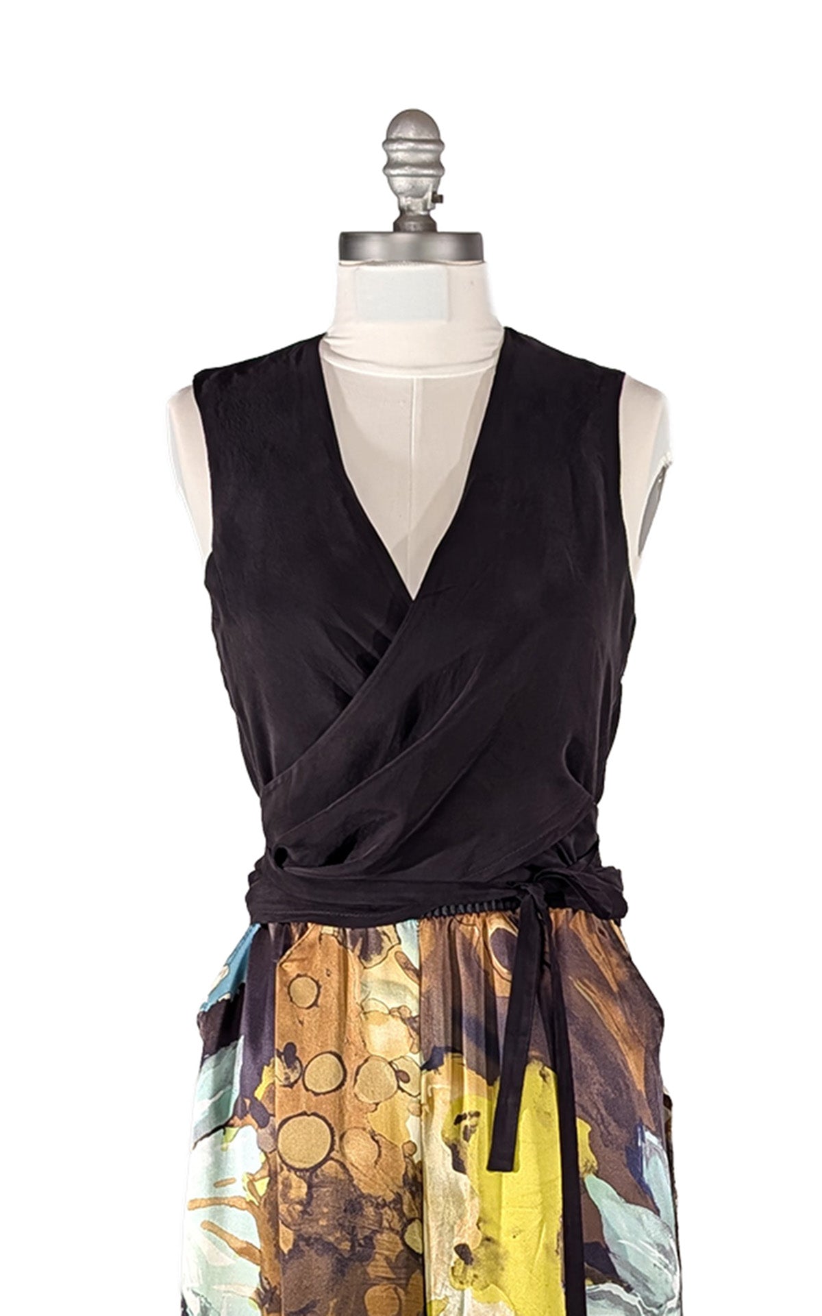 Wrap Top in Obsidian black Cupro fabric, shown wrapped and tied at the waist. Made in Seattle, WA, USA by Pandemonium LYC.
