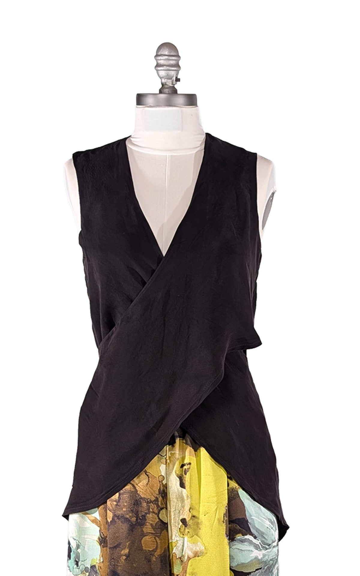 Wrap Top in Obsidian black shown wrapped loosely at the waist for a more covered look. Made in Seattle, WA, USA by Pandemonium Seattle.