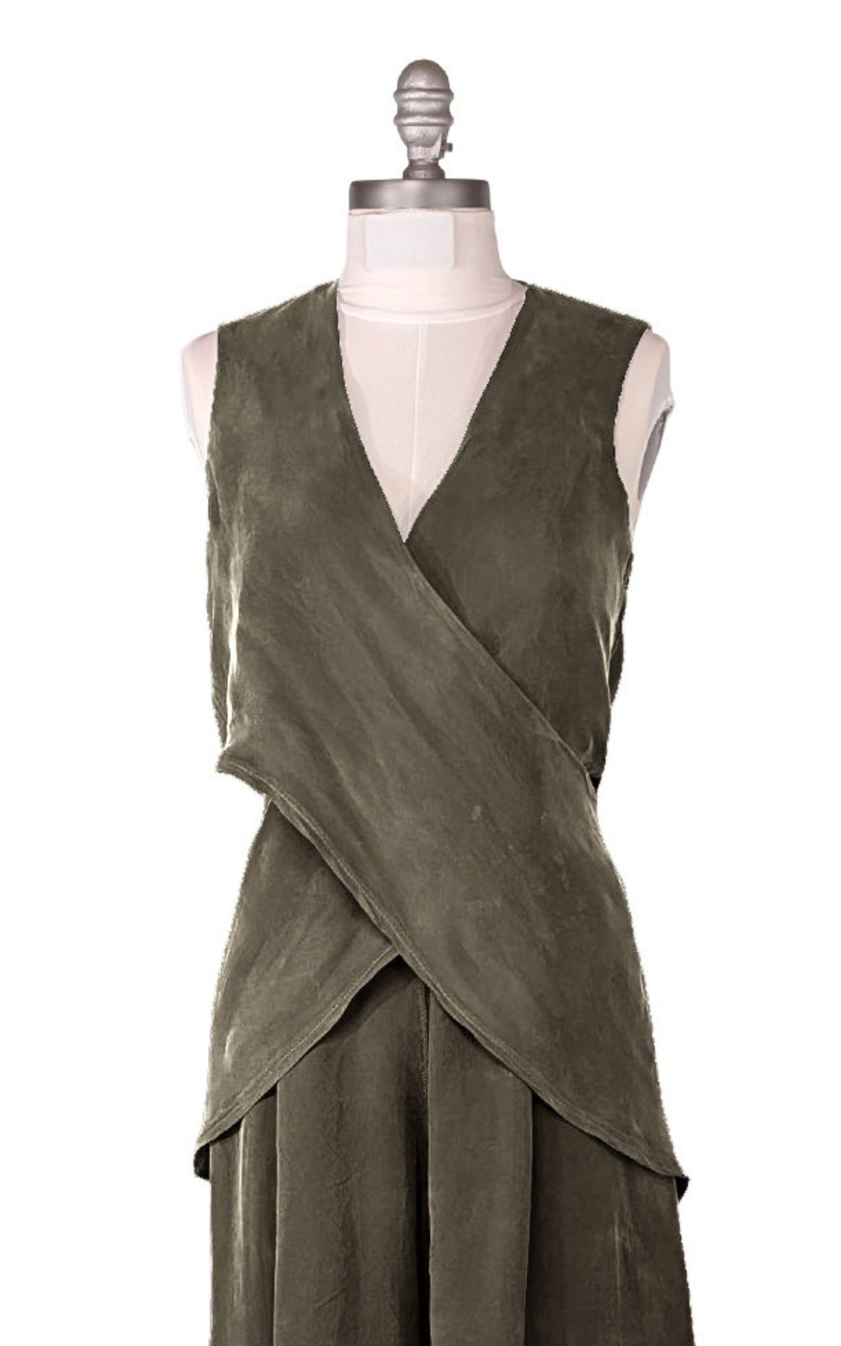 The sleeveless Wrap Top in Dusk Olive Cupro fabric, shown draped loosely around the dress form torso for a full coverage look. Shown with matching Wide Leg Pleated Pants. Made in Seattle, WA, USA by Pandemonium Seattle.