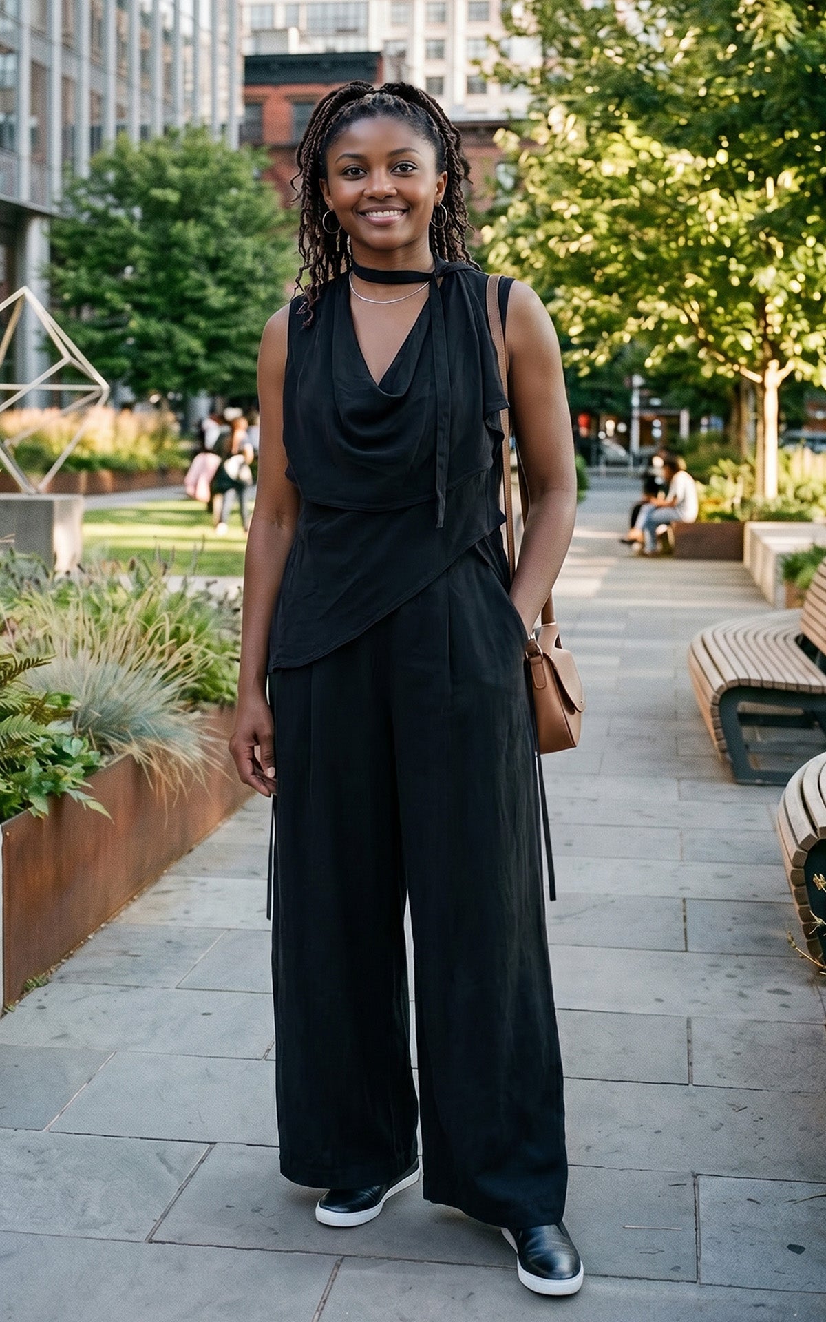 A woman wearing a Cross Over Top in Obsidian with matching Wide Leg Pants, in a park setting. Made in Seattle, WA, USA by Pandemonium Seattle.