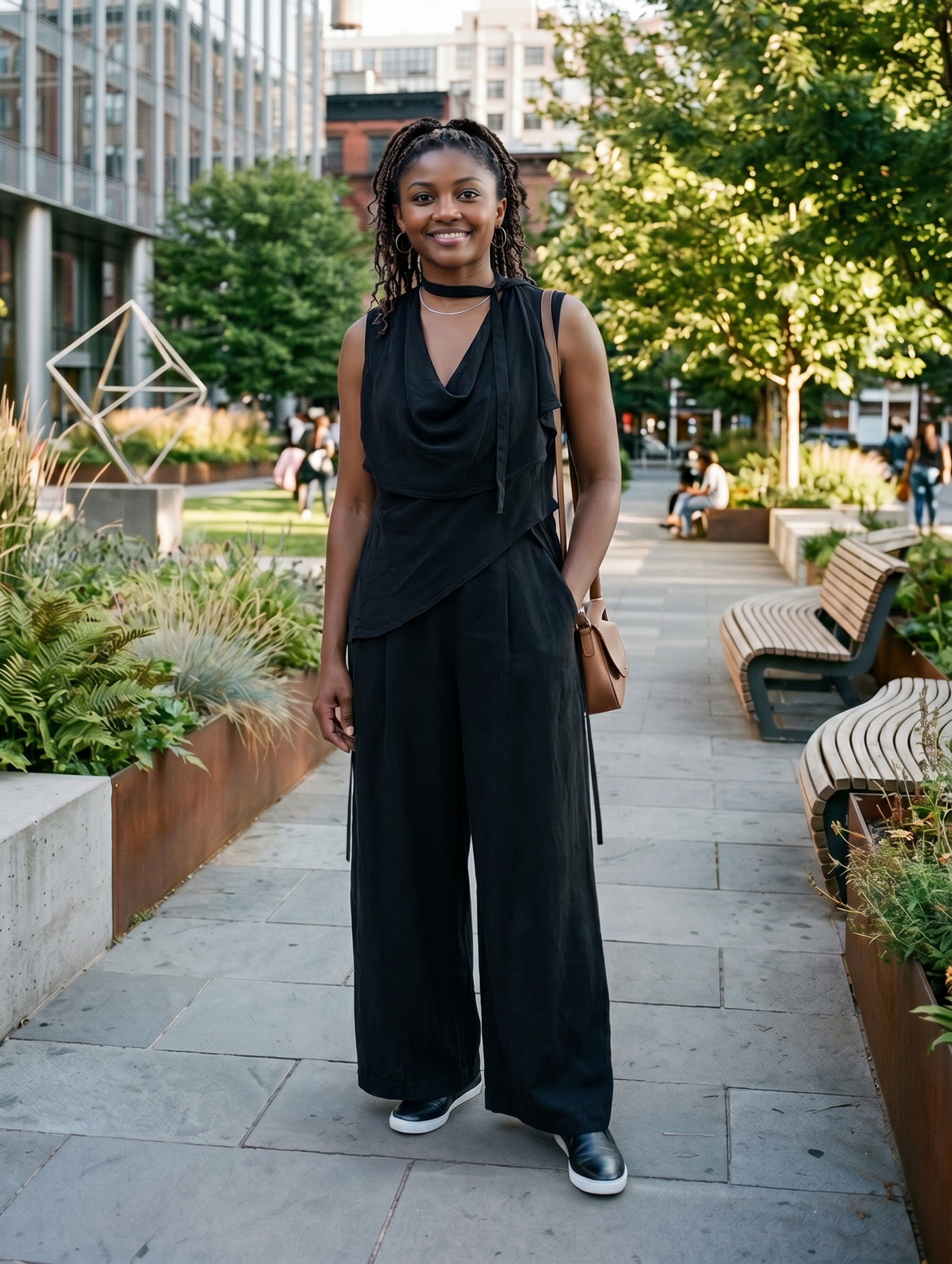 A woman wearing the Wrap Top and Wide Leg Pleated Pants in our Obisidian  Cupro fabric. She's wearing the Wrap Top drawn in at her waist with the long straps wrapped around her neck as a choker. Made in Seattle, WA, USA by Pandemonium LYC.