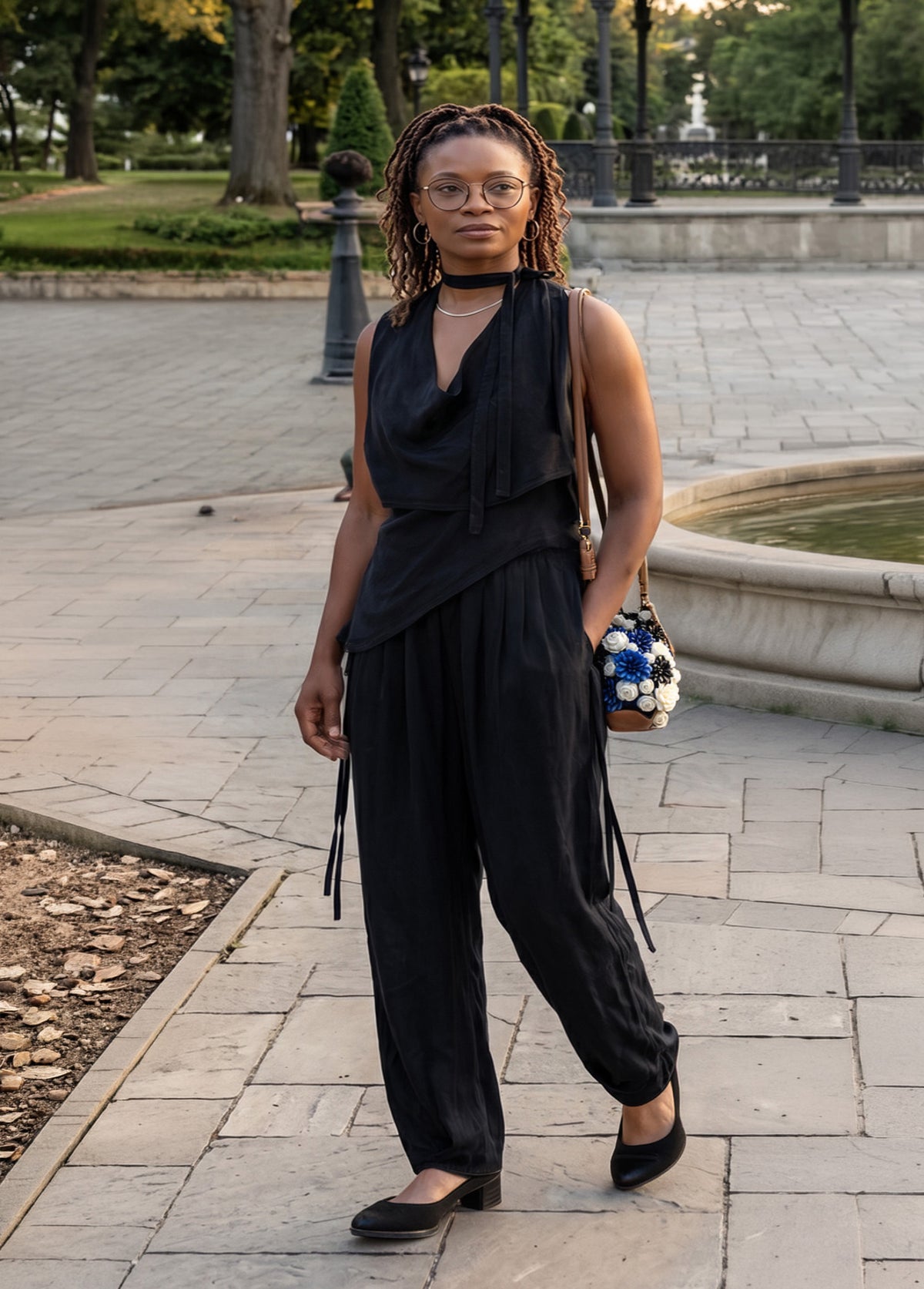 A woman wearing the matching Wrap Top and Wide Leg Pleated Pants in Obsidian Cupro by LYC Pandemonium. Made in Seattle, WA, USA by Pandemonium Seattle.