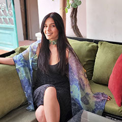 woman wearing sheer blue and green scarf wrap handmade by Pandemonium Seattle USA