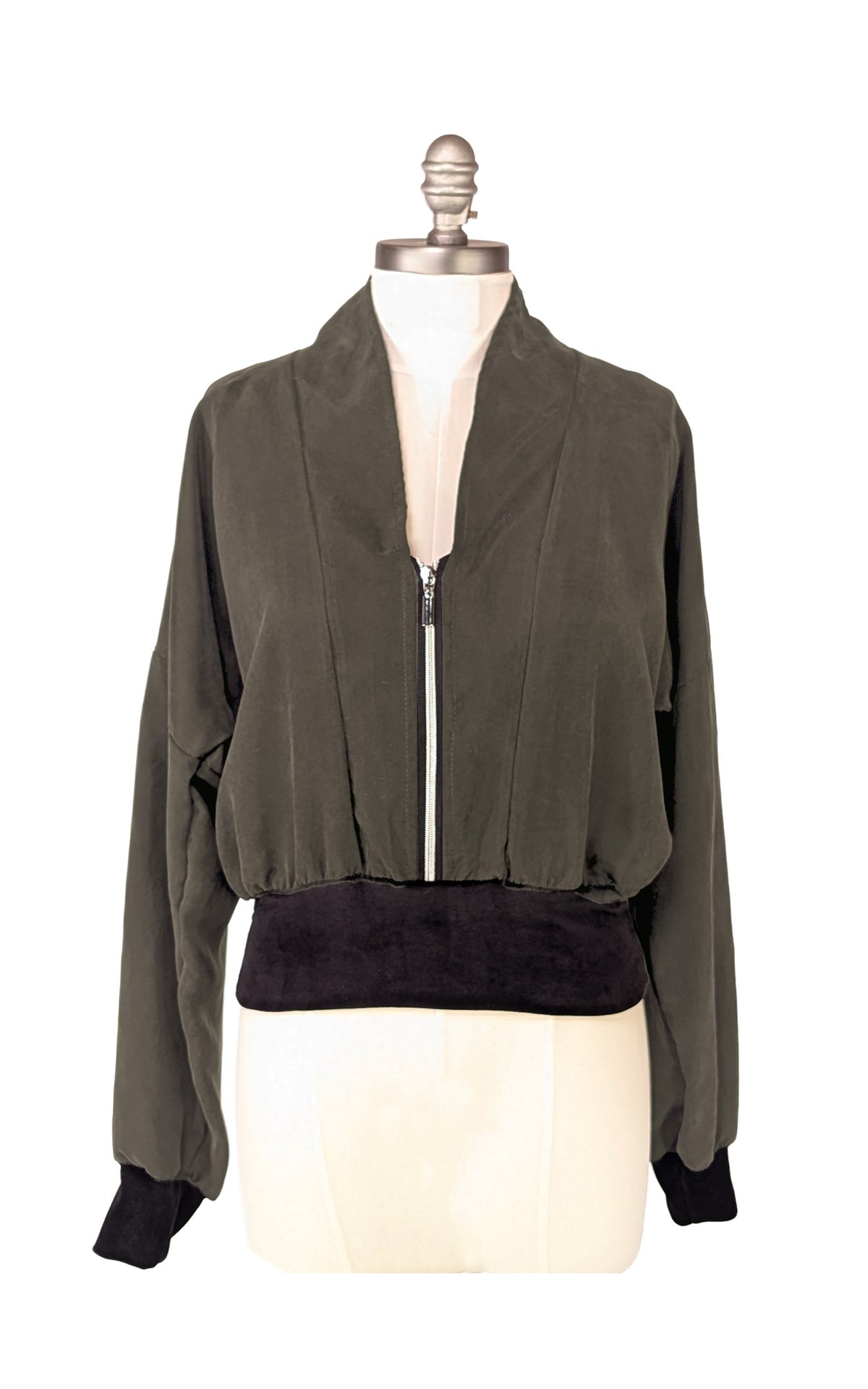 Dusk Olive Green Zipper Jacket shown front view, on a mannequin. Made in Seattle, WA, USA by Pandemonium Seattle.