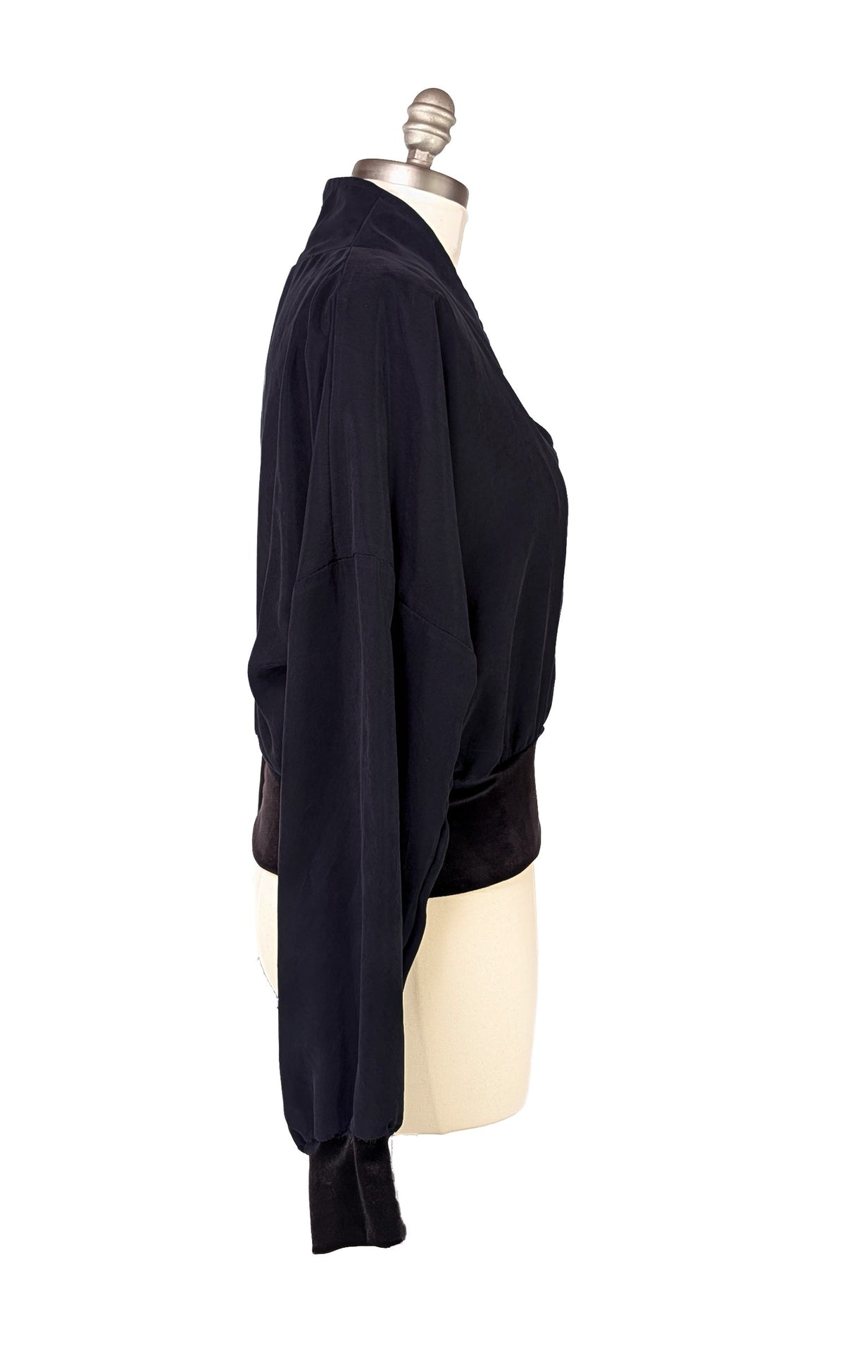 Inkwell Navy Blue Zipper Jacket shown in sidet view, on a mannequin. Made in Seattle, WA, USA by Pandemonium Seattle.