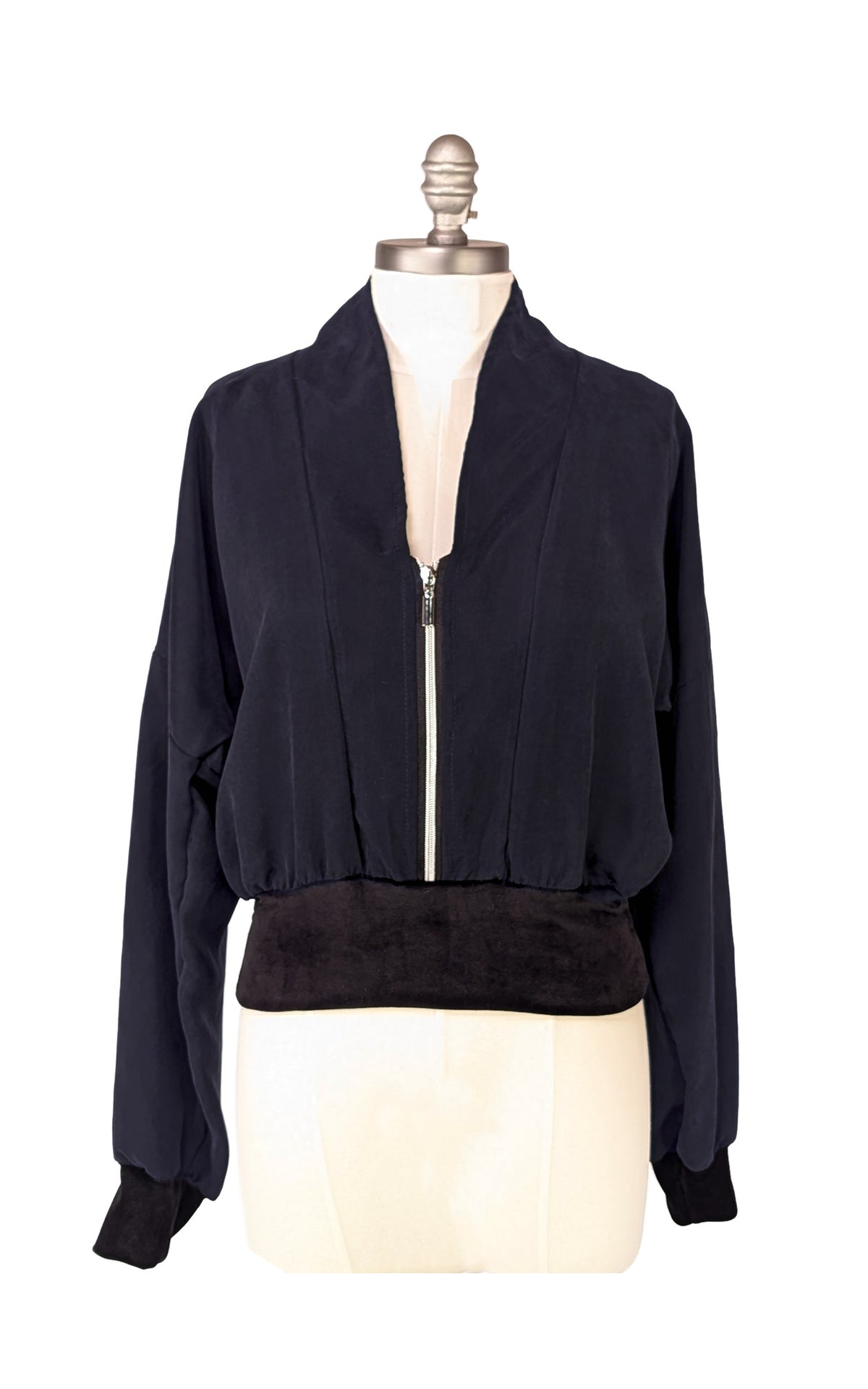 Inkwell Navy Blue Zipper Jacket shown front view, on a mannequin. Made in Seattle, WA, USA by Pandemonium Seattle.