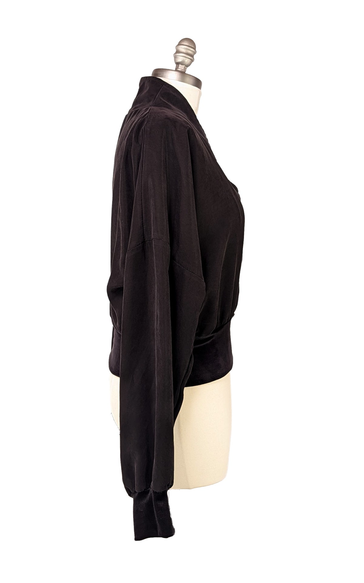 Obsidian Black Zipper Jacket shown side view, on a mannequin. Made in Seattle, WA, USA by Pandemonium Seattle.