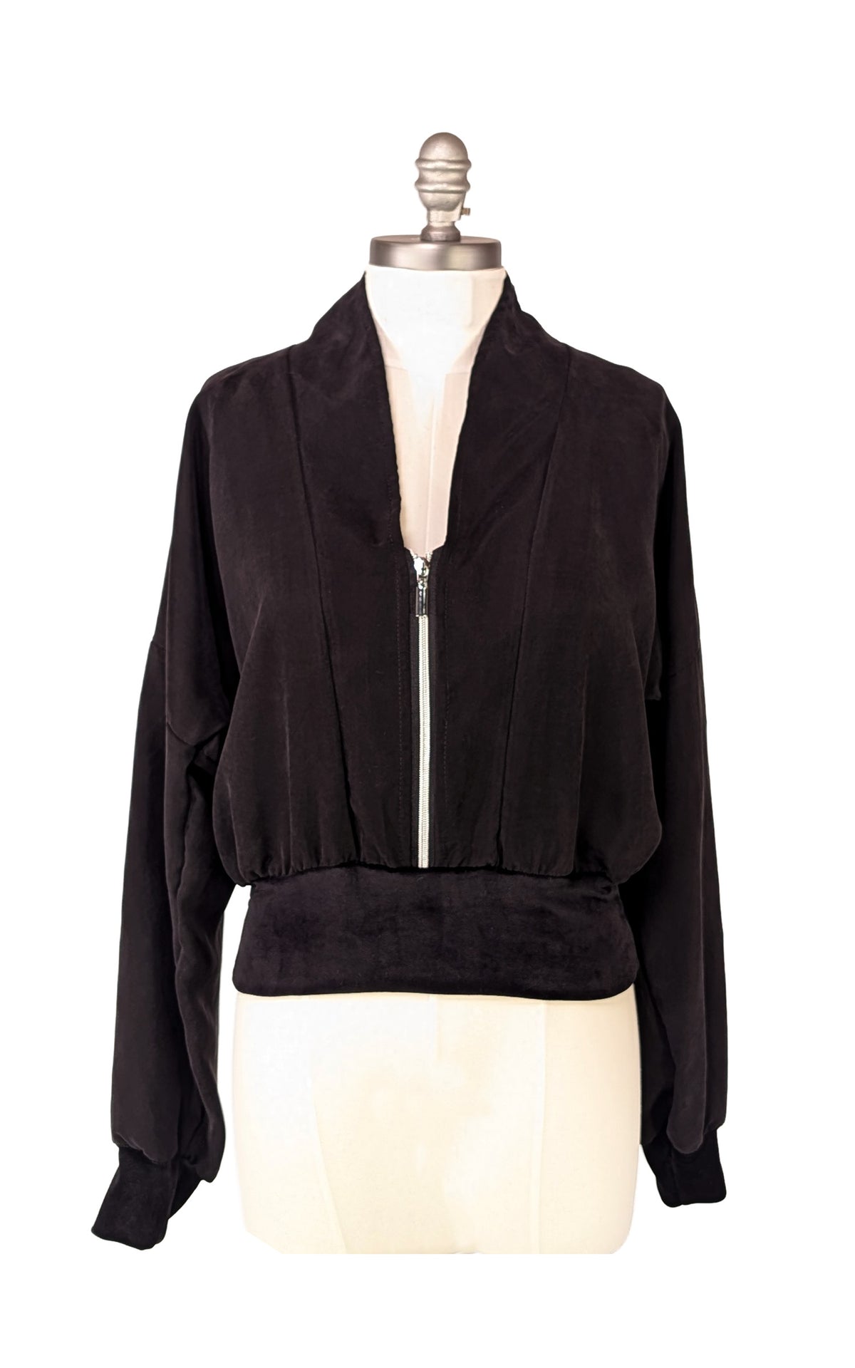 Obsidian Black Zipper Jacket shown front view, on a mannequin. Made in Seattle, WA, USA by Pandemonium Seattle.