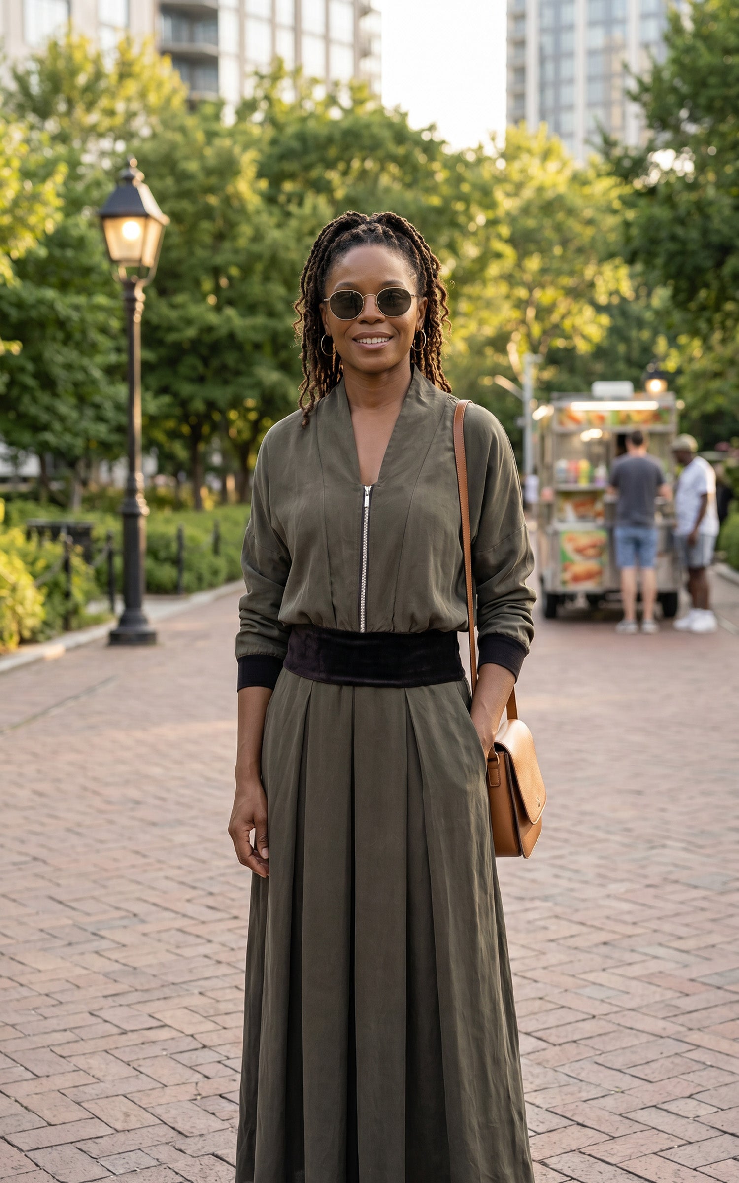 Woman wearing the Dusk Olive Cupro Zipper Jacket and matching Pleated Maxi Skirt, standing in a park. Made in Seattle, WA, USA by Pandemonium Seattle.