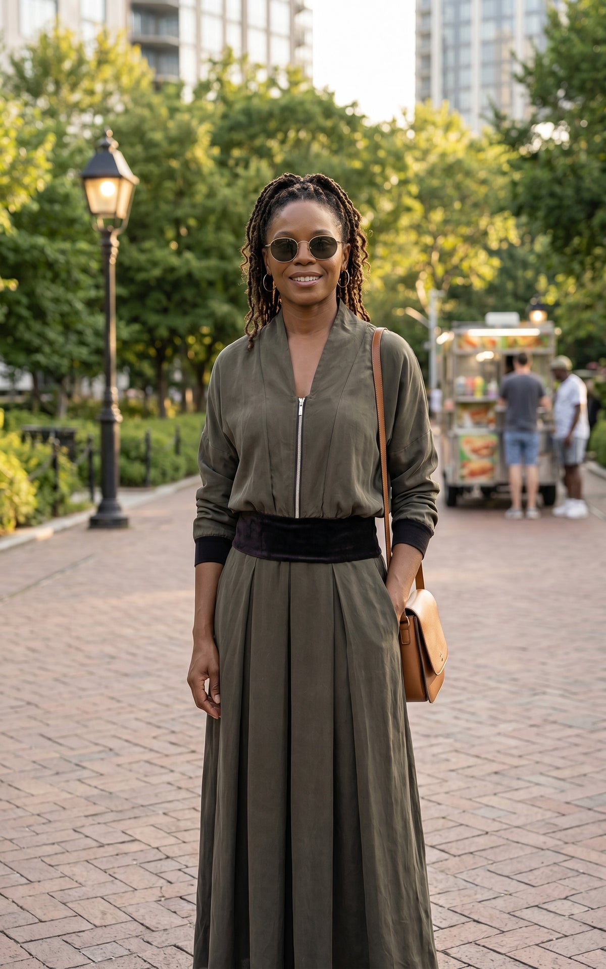 Woman wearing the Dusk Olive Cupro Zipper Jacket and matching Pleated Maxi Skirt, standing in a park. Made in Seattle, WA, USA by Pandemonium Seattle.
