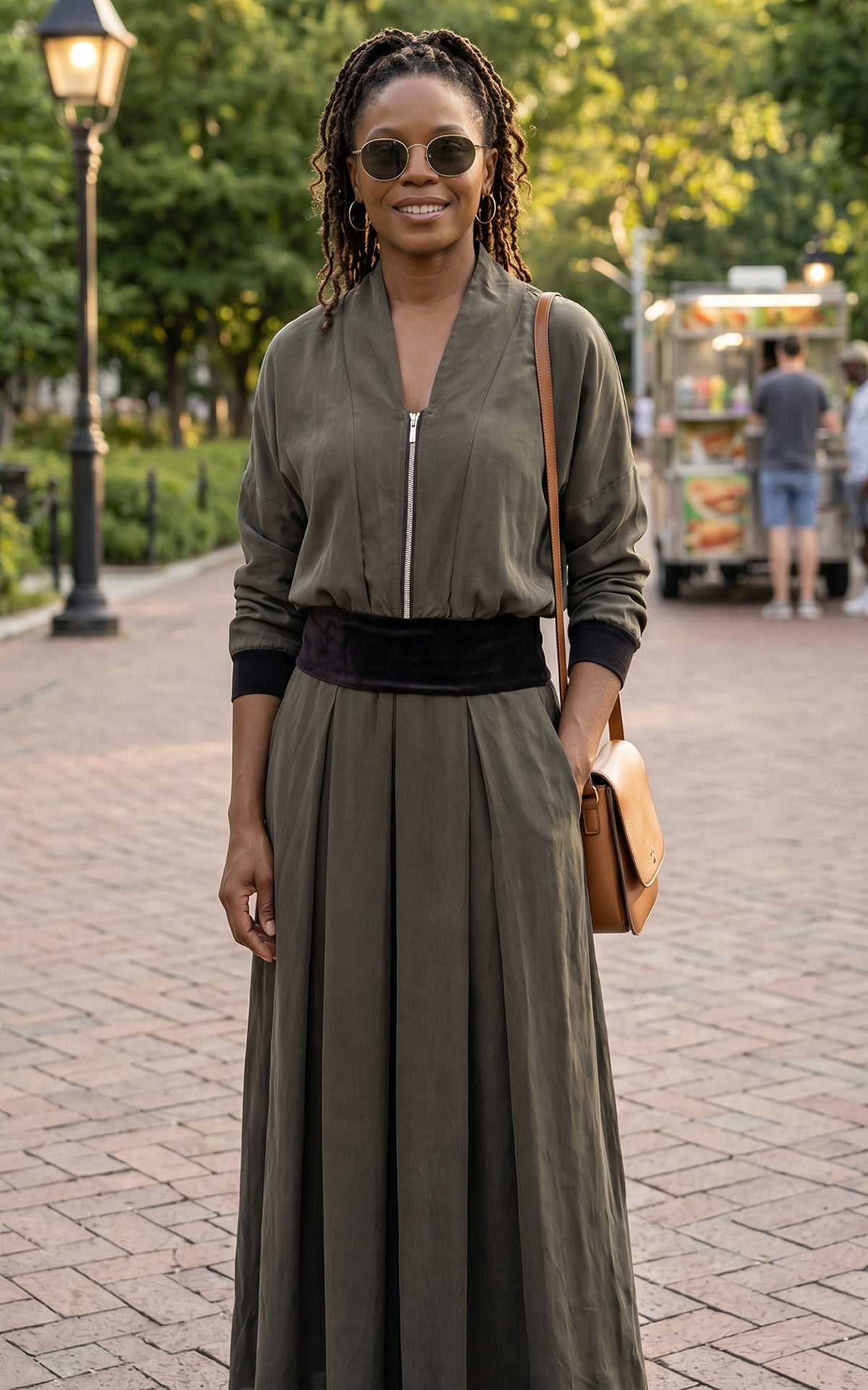 A woman wearing the Pleated Skirt in Dusk Olive with a matching Zipper Jacket Top. Made in Seattle, WA, USA by Pandemonium Seattle.