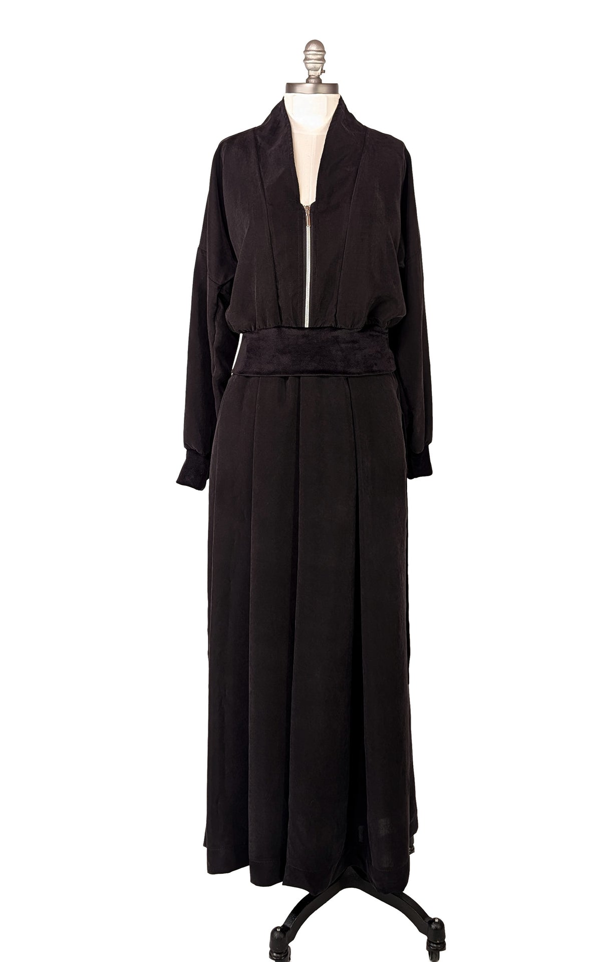 Obsidian Black Zipper Jacket shown front view, and the Pleated Skirt in matching Inkwell on a mannequin. Made in Seattle, WA, USA by Pandemonium Seattle.