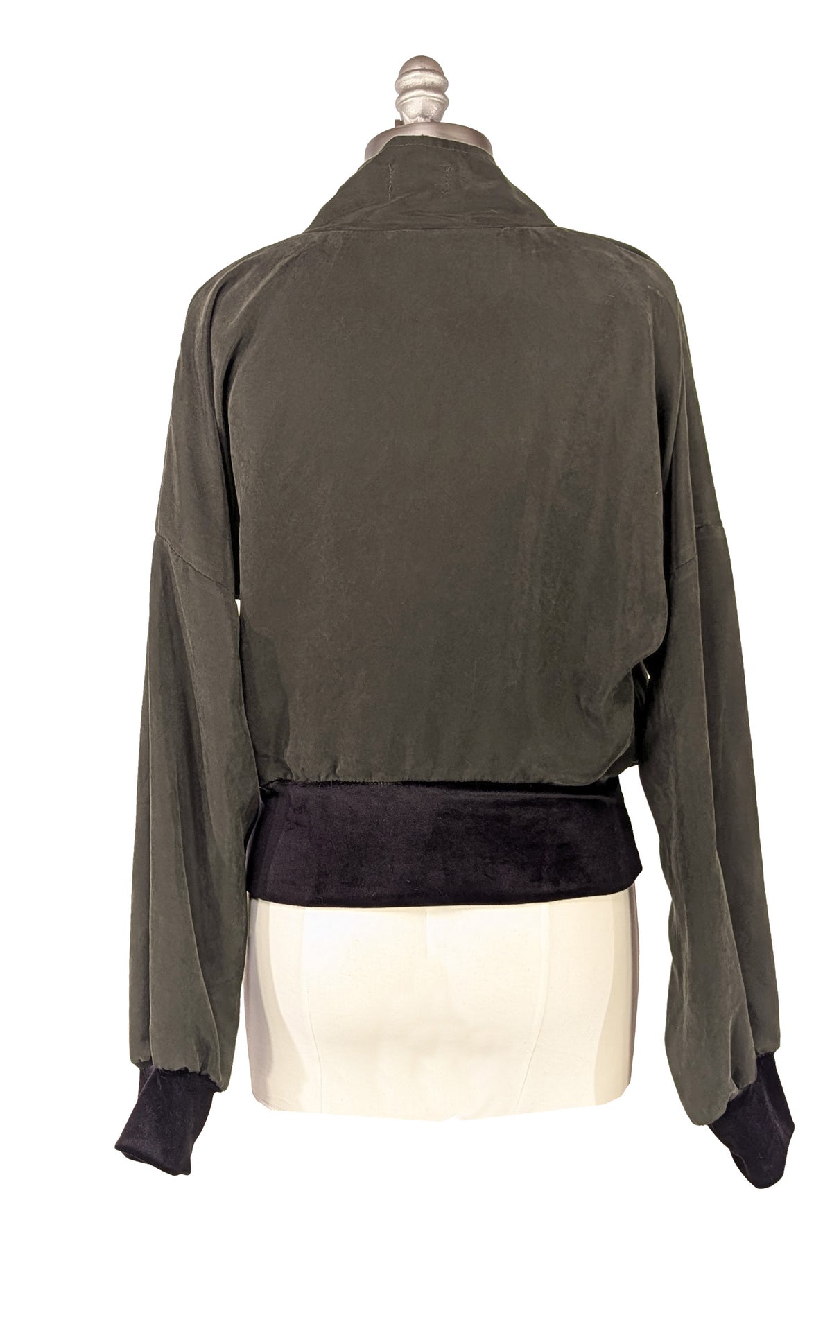 Dusk Olive Green Zipper Jacket shown back view, on a mannequin. Made in Seattle, WA, USA by Pandemonium Seattle.