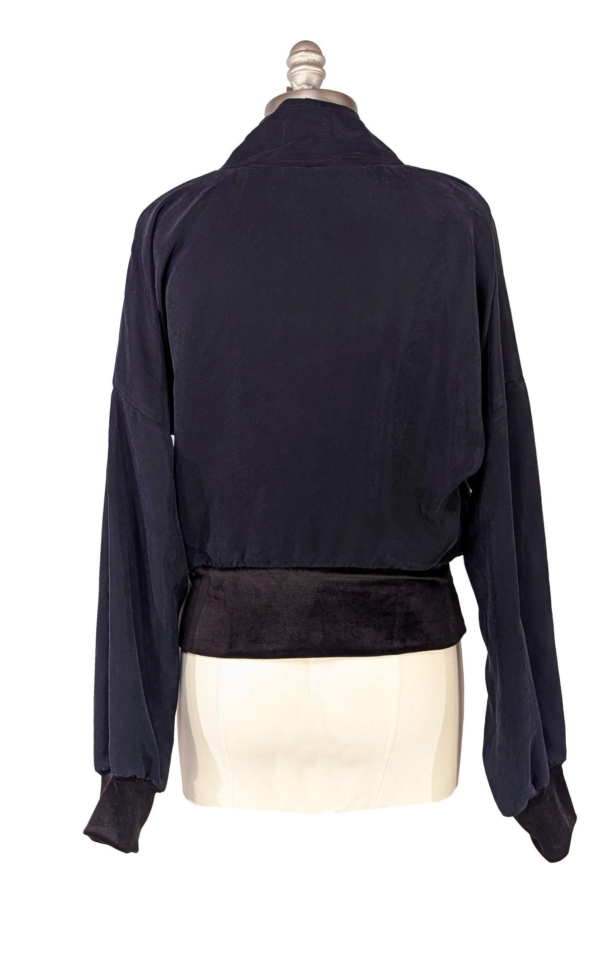 Inkwell Navy Blue Zipper Jacket shown back view, on a mannequin. Made in Seattle, WA, USA by Pandemonium Seattle.