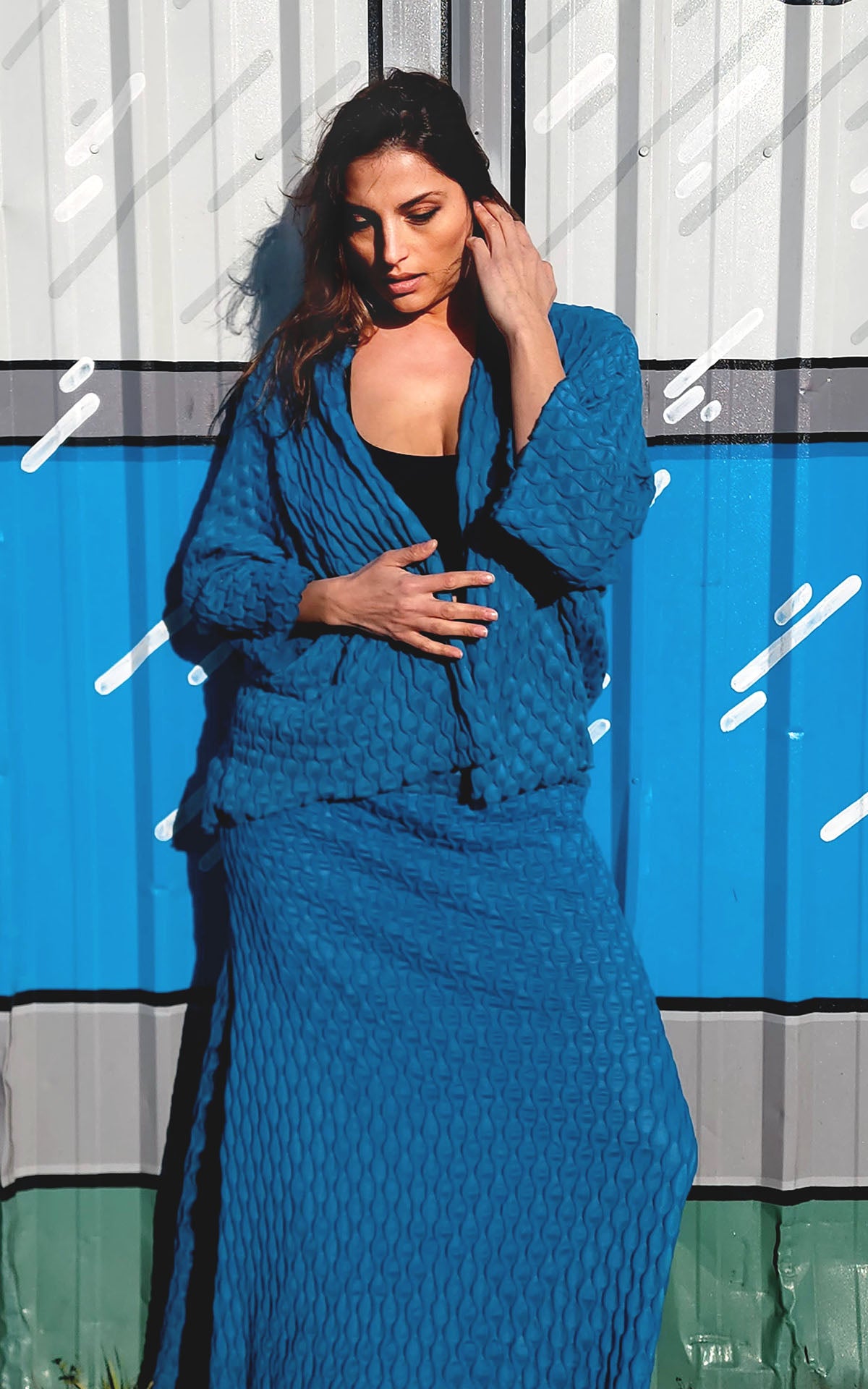 Model photo of the Fractal Collection Cerulean Blue Cardigan and A-line Skirt. LYC by Pandemonium is handmade in Seattle, WA, USA.