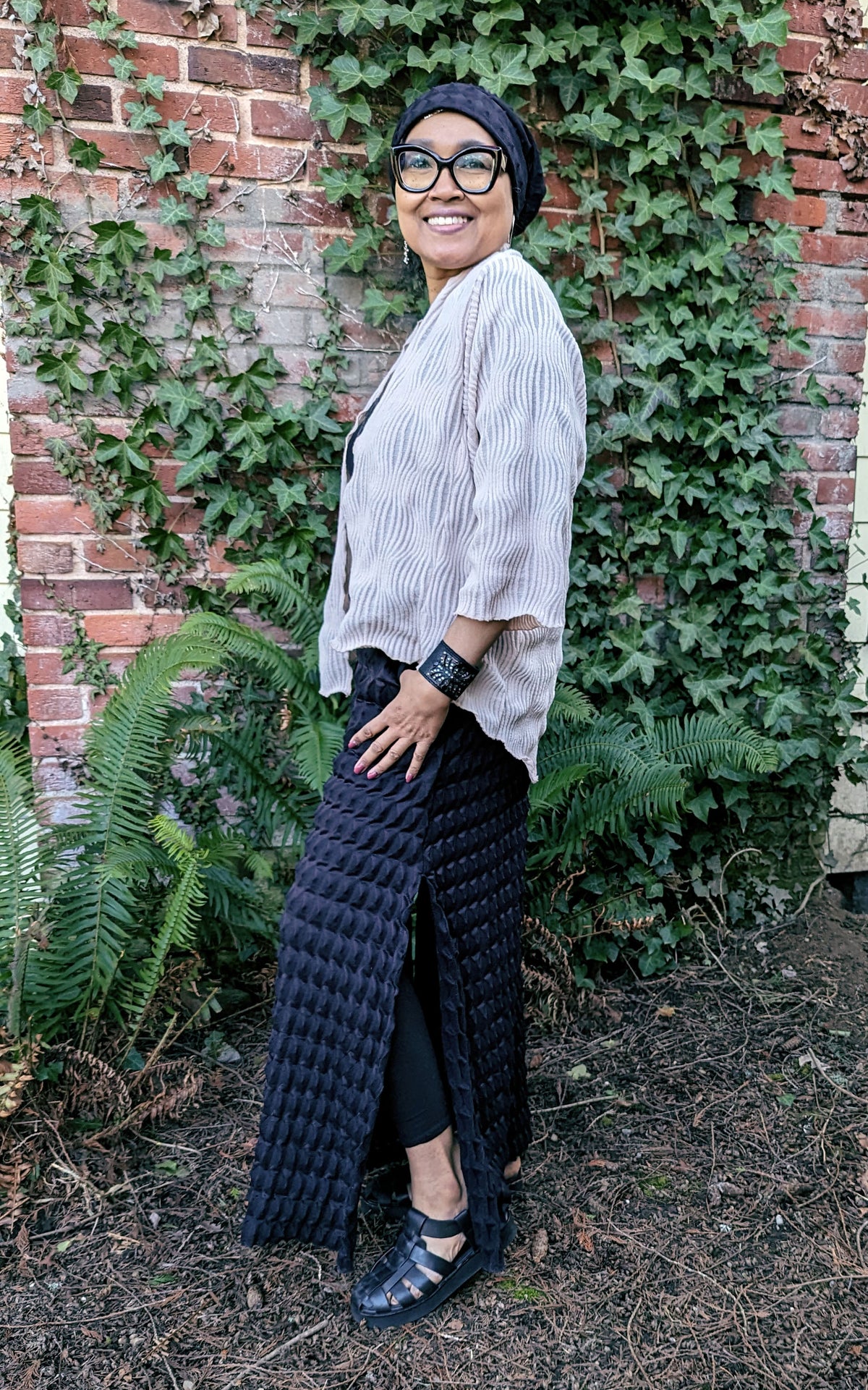 Model photo of A-Line Skirt and rowdie Hat in Black Fractal, Cardigan in Blush from the LYC/Pandemonium Seattle Fractal Collection. Handmade in Seattle, WA, USA.