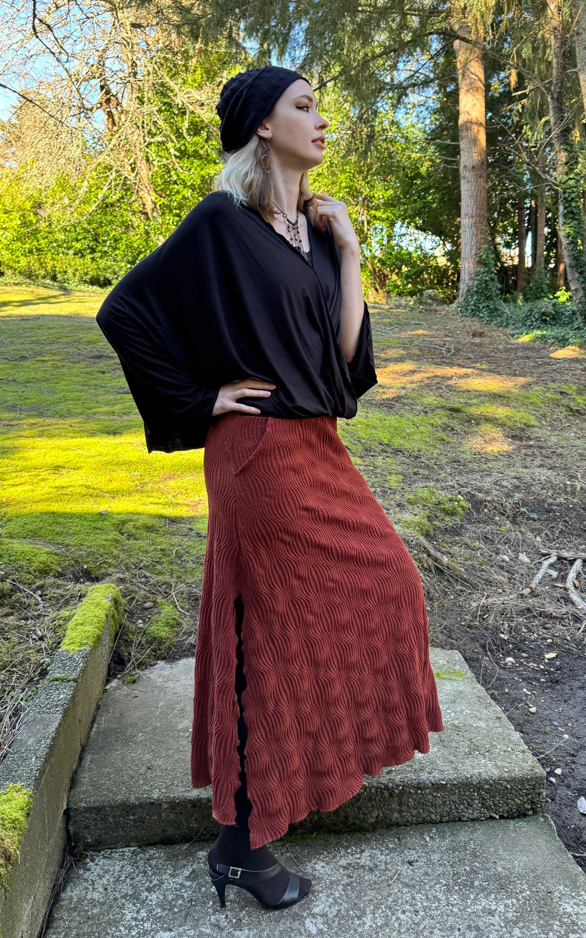 Model photo of A-Line Skirt in Burnt Sienna, from the LYC/Pandemonium Seattle Fractal Collection. Handmade in Seattle, WA, USA.