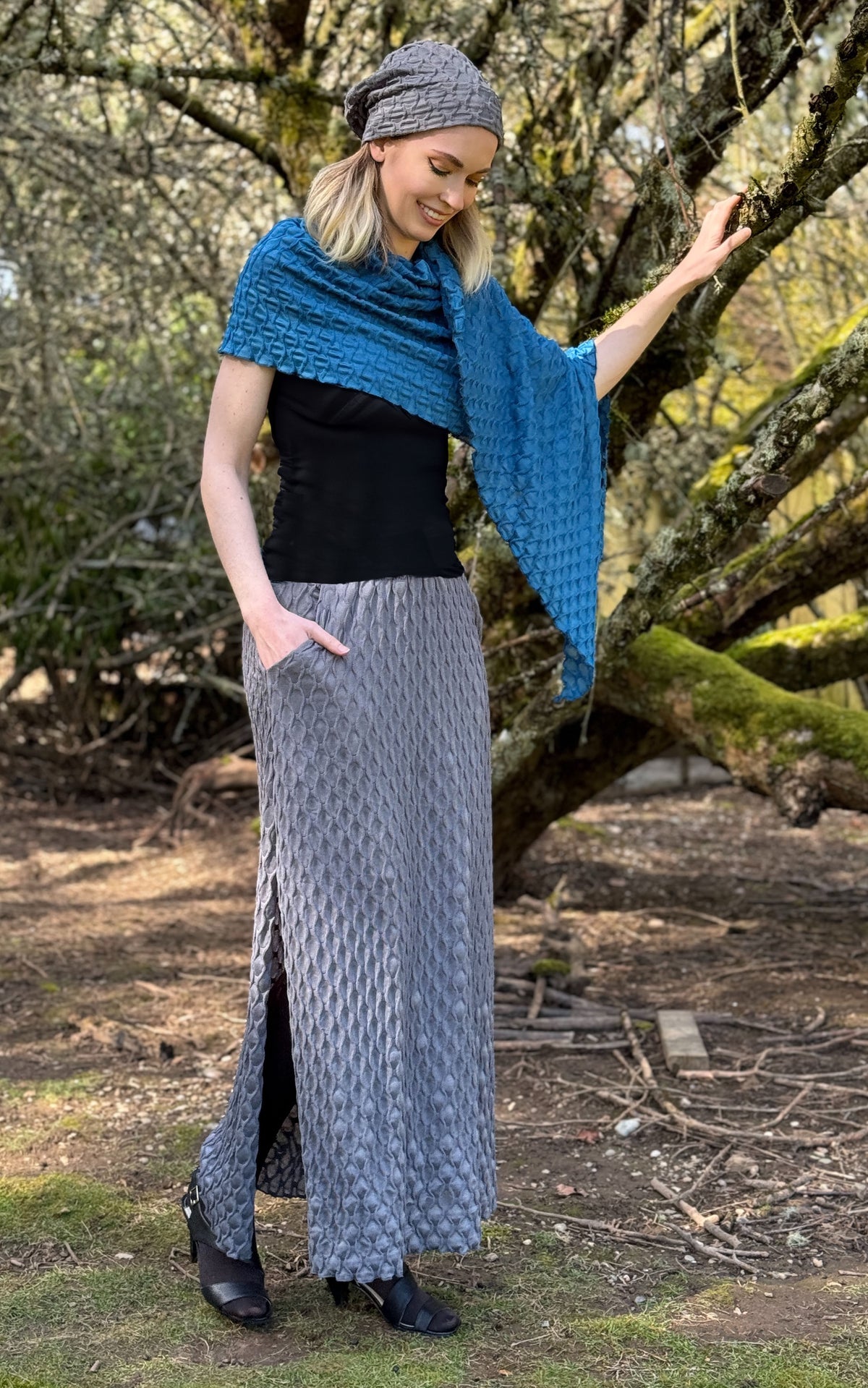 Model photo of A-Line Skirt and rowdie Hat in Gray Fractal, Handkerchief Scarf in Cerulean Blue from the LYC/Pandemonium Seattle Fractal Collection. Handmade in Seattle, WA, USA.