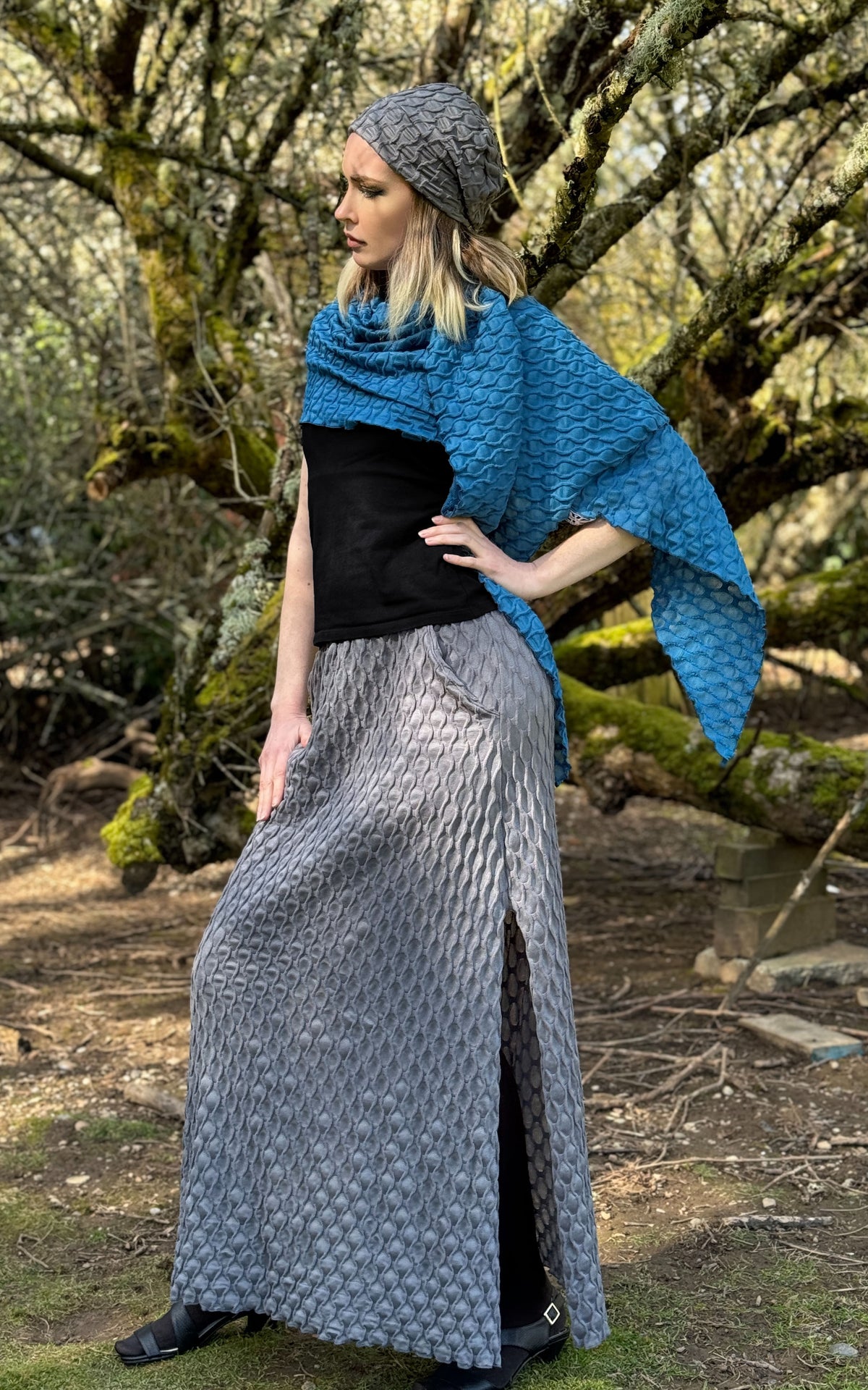 Model photo of A-Line Skirt and rowdie Hat in Gray Fractal, Handkerchief Scarf in Cerulean Blue from the LYC/Pandemonium Seattle Fractal Collection. Handmade in Seattle, WA, USA.