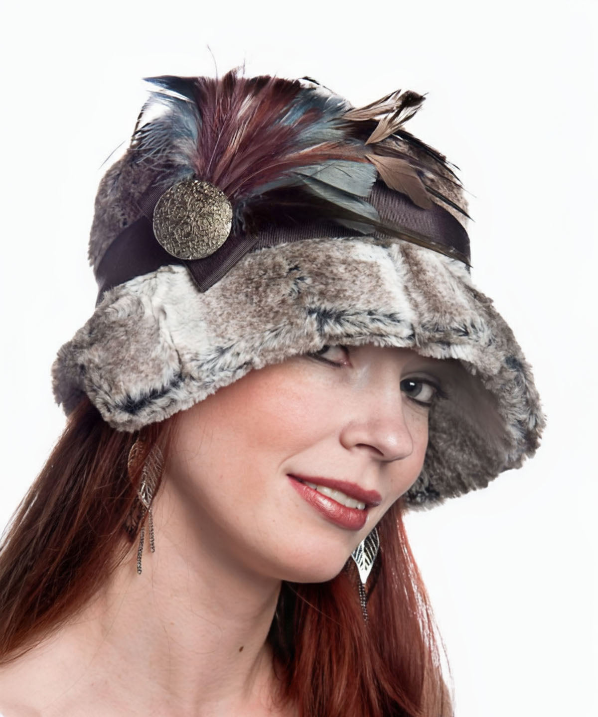 Woman wearing Abigail Hat in Luxury Birch Faux Fur with Brown Grosgrain Band and Feathers | Handmade in Seattle WA | Pandemonium Millinery 