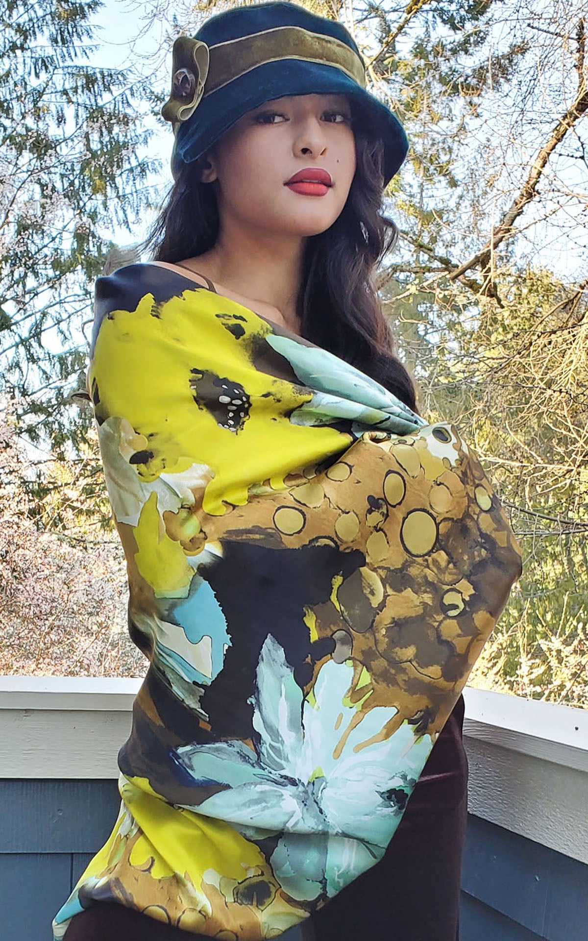 Women's Wrap Scarf in Masquerade Fiesta Silk with Hat | Handmade in Seattle WA | Pandemonium Millinery