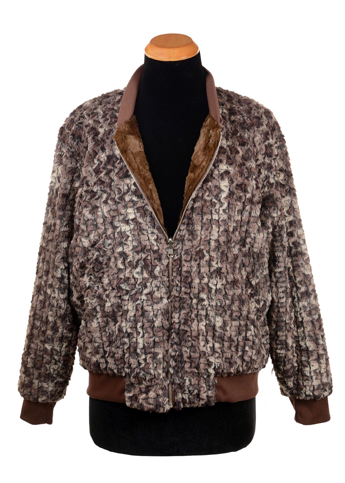 Amelia Bomber Jacket in reversible faux furs. Shown in Calico Faux Fur with Chocolate Cuddly Faux Fur. Handmade in Seattle, WA, USA by Pandemonium Seattle.