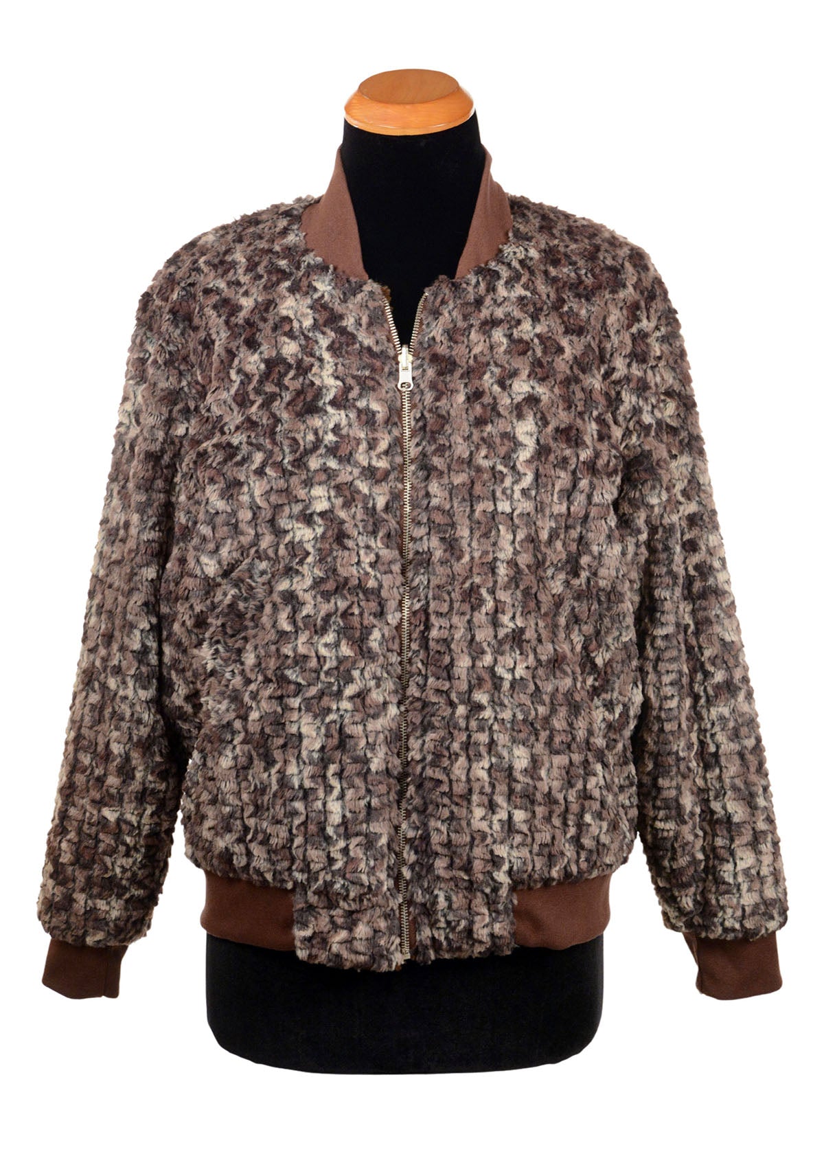 Amelia Bomber Jacket in reversible faux furs. Shown in Calico Faux Fur with Chocolate Cuddly Faux Fur. Handmade in Seattle, WA, USA by Pandemonium Seattle.