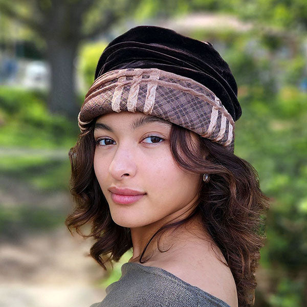 Ana Cloche Hat in Copper Plaid with Chocolate Velvet Handmade in the USA by Pandemonium Millinery