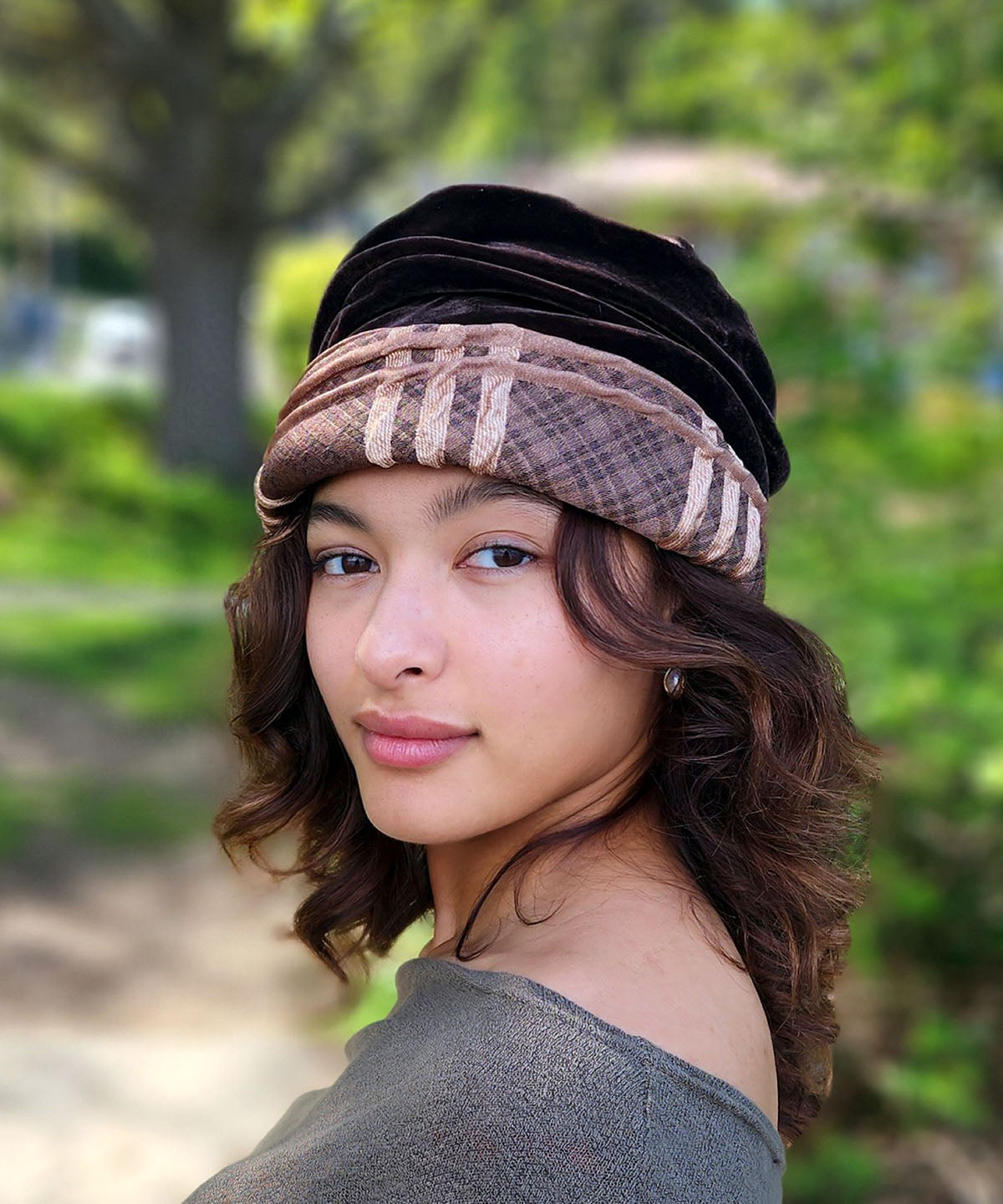 Women wearing Ana Cloche Style Hat in Copper Plaid with Camel and Chocolate Ostrich Feather Brooch | Handmade By Pandemonium Seattle | Seattle WA USA