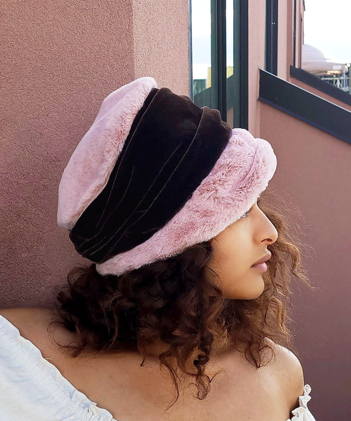 Ana Cloche Hat with Feather Brooch | Frosted Cedar Faux Fur with Velvet | Handmade by Pandemonium Millinery in Seattle WA USA