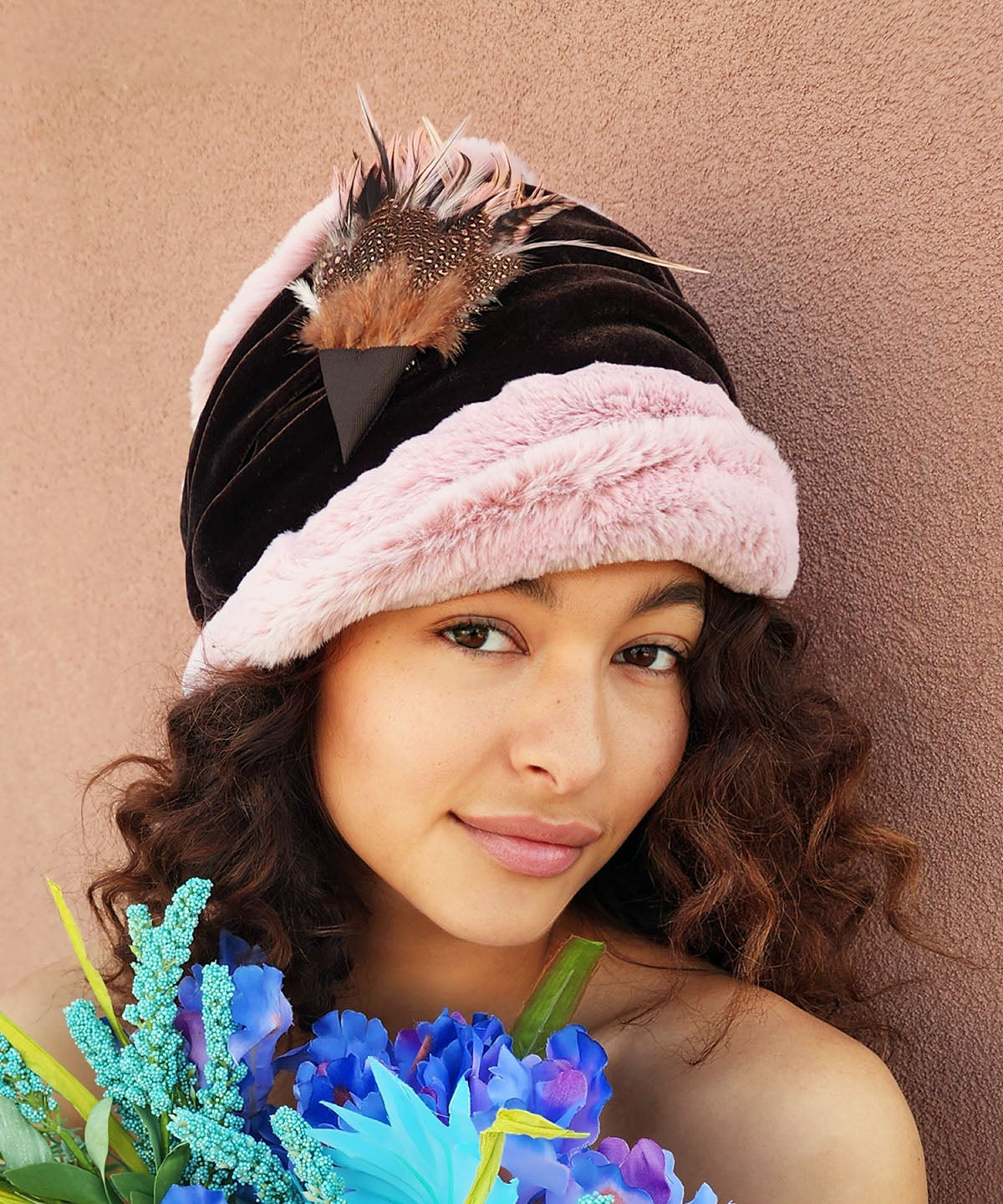 Ana Cloche Hat with Feather Brooch | Frosted Cedar Faux Fur with Velvet | Handmade by Pandemonium Millinery in Seattle WA USA
