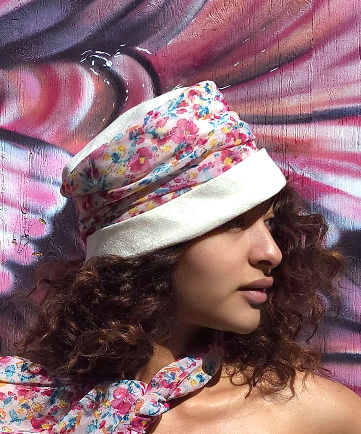 Model showing Sideview of the Ana Cloche Hat in Seashell Linen with Secret Garden Floral Band Handmade in Seattle WA| Pandemonium Millinery