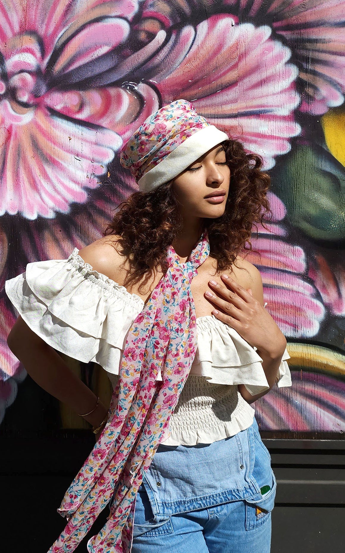 Model showing Sideview of the Ana Cloche Hat in Seashell Linen with Secret Garden Floral Band with matching Secret  Garden Handkerchief ScarfHandmade in Seattle WA| Pandemonium Millinery